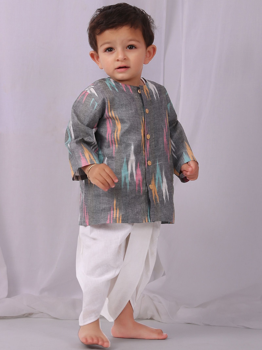 

TJORI Boys Printed Pure Cotton Kurta with Dhoti Pants, Grey
