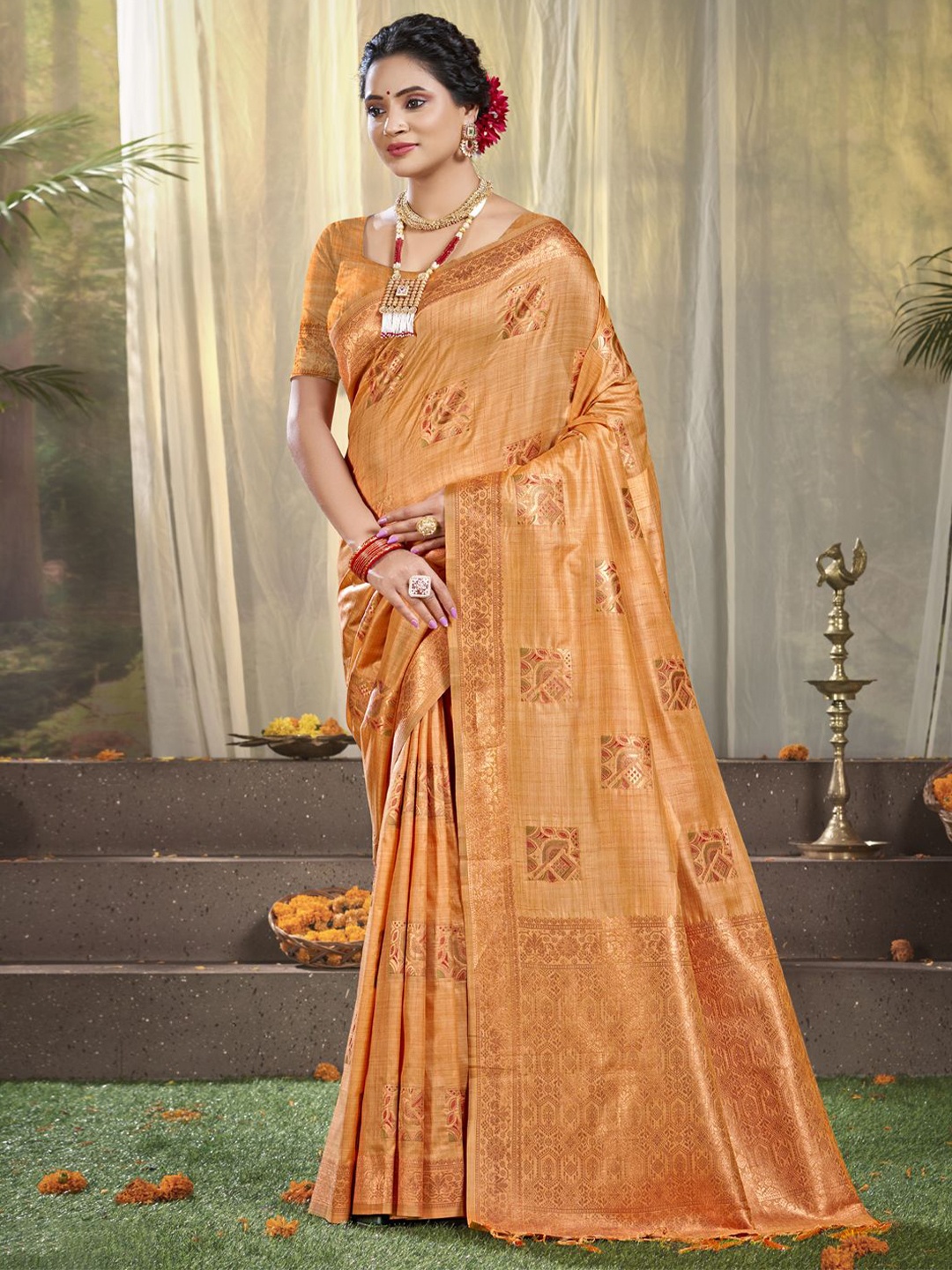 

Ishin Woven Design Zari Silk Blend Saree, Orange
