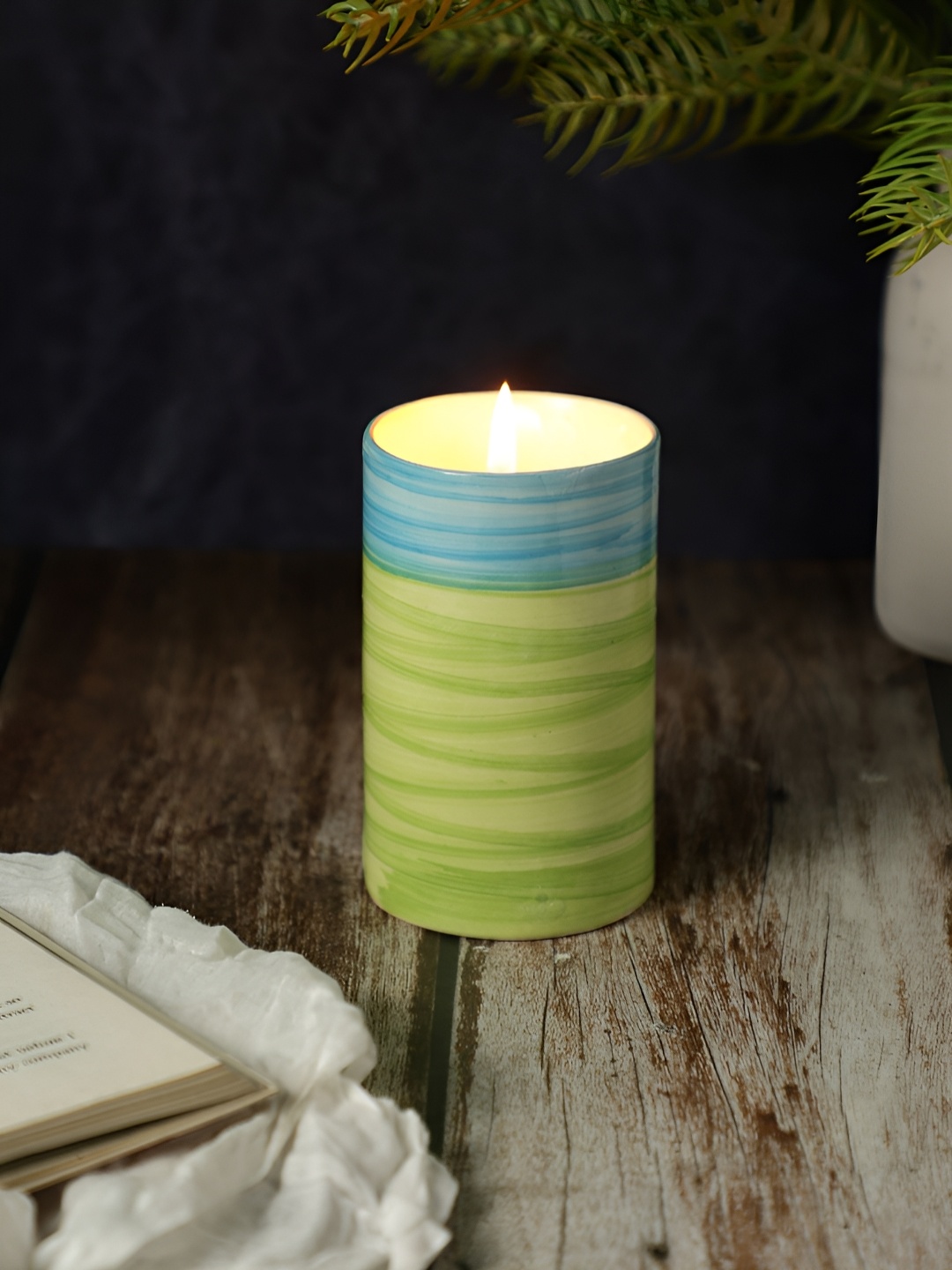 

VarEesha Green & Blue Printed Scented Ceramic Diya Candle
