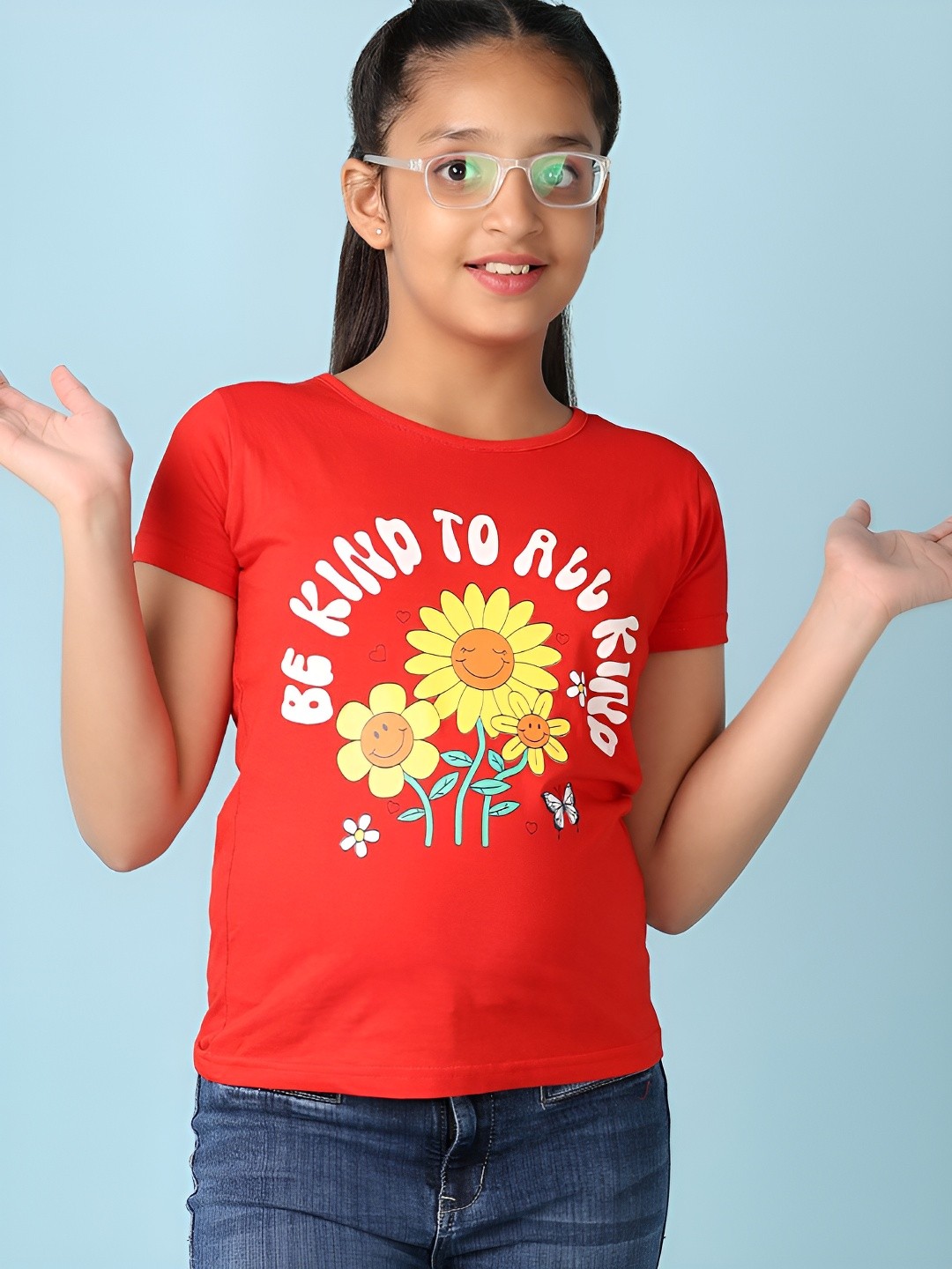 

V-Mart Girls Typography Printed Round Neck Cotton T-shirt, Red