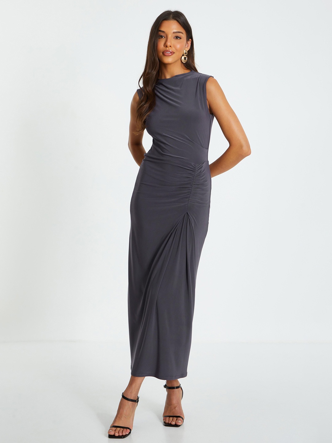 

QUIZ Women Round Neck Sleeveless Sheath Maxi Dress, Charcoal