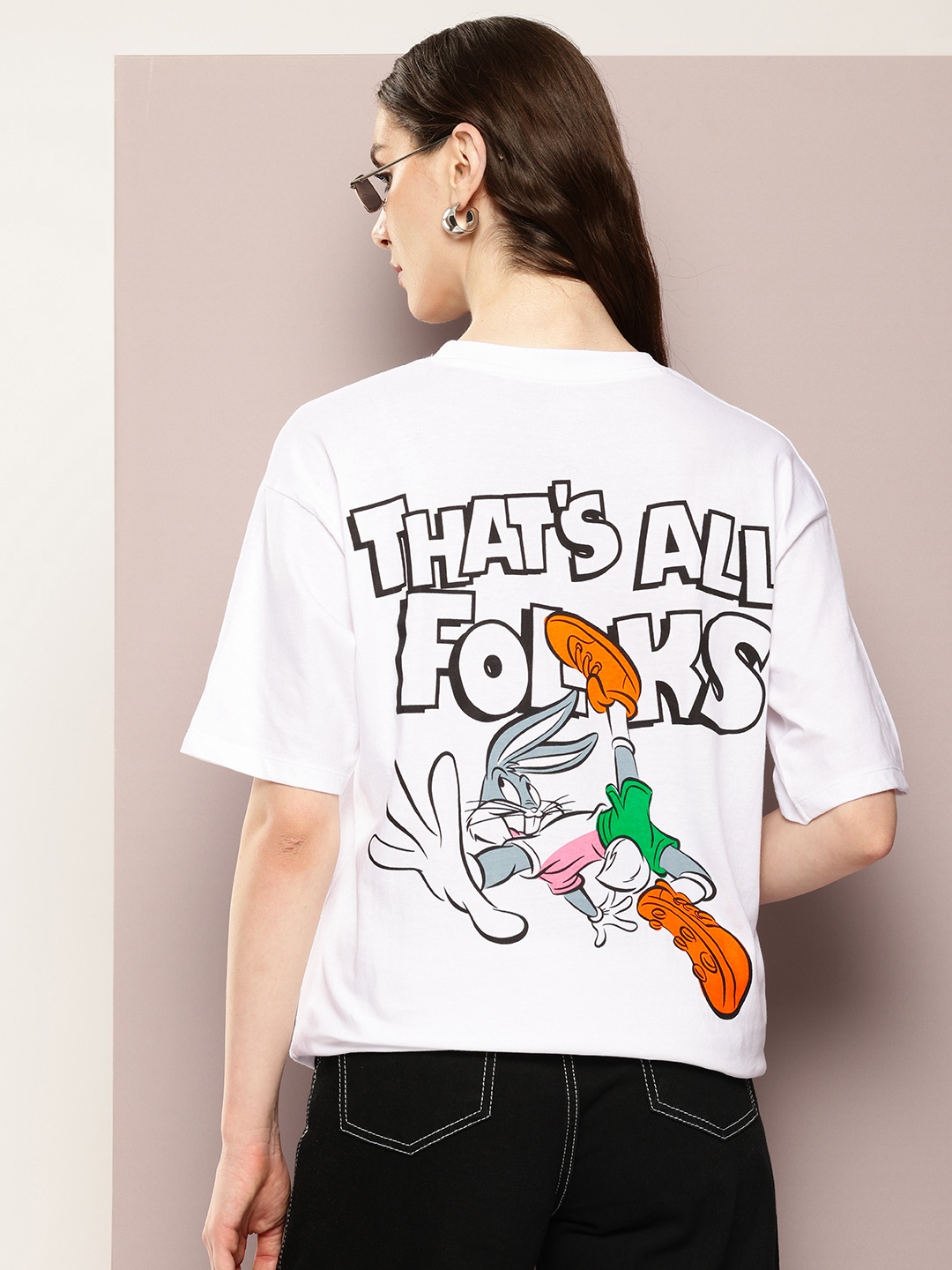

Kook N Keech Looney Tunes Printed Drop-Shoulder Sleeves Pure Cotton Oversized T-shirt, White