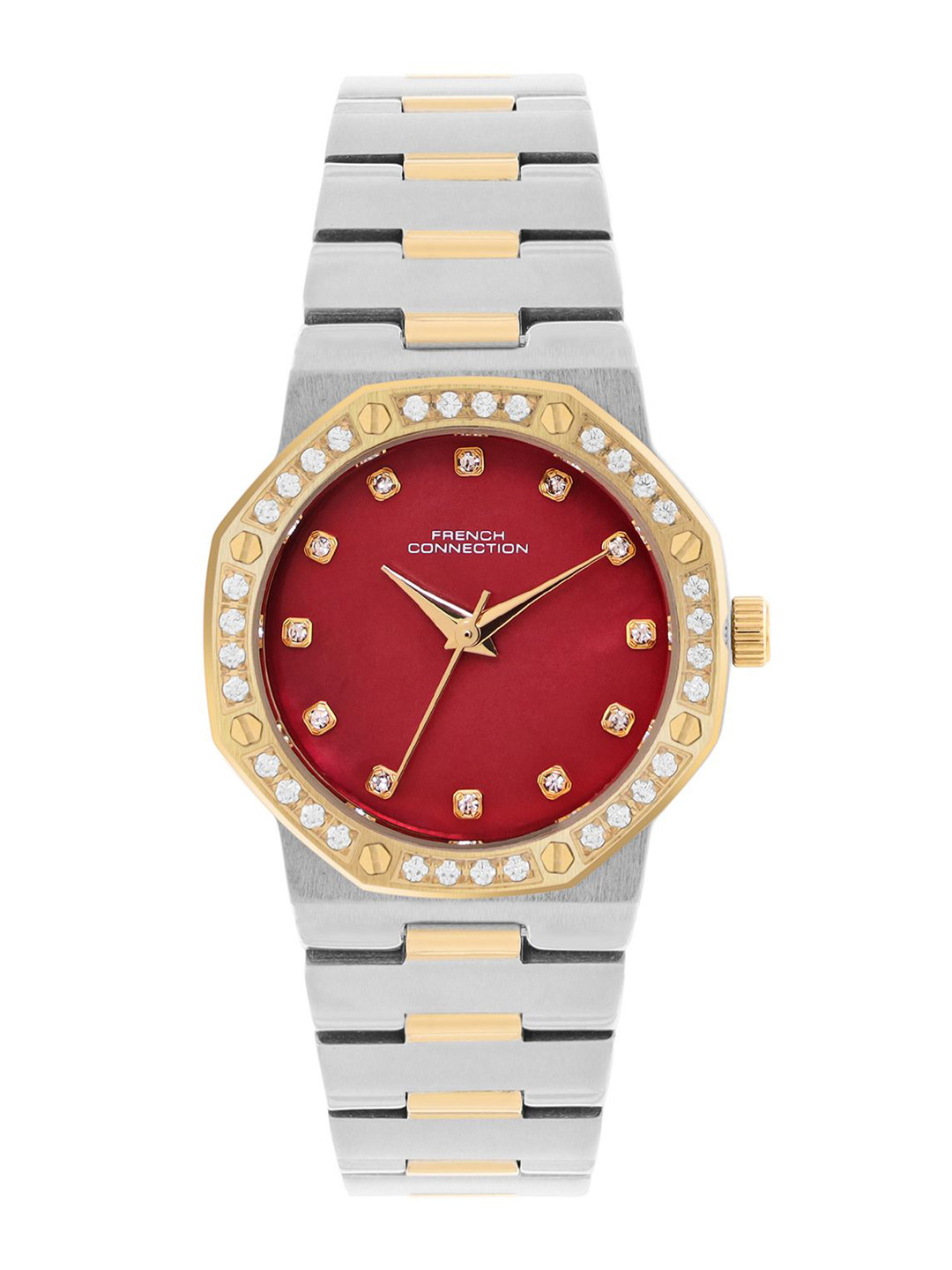 

French Connection Women Embellished Dial & Stainless Steel Bracelet Style Straps Analogue Watch FCH13TM, Maroon