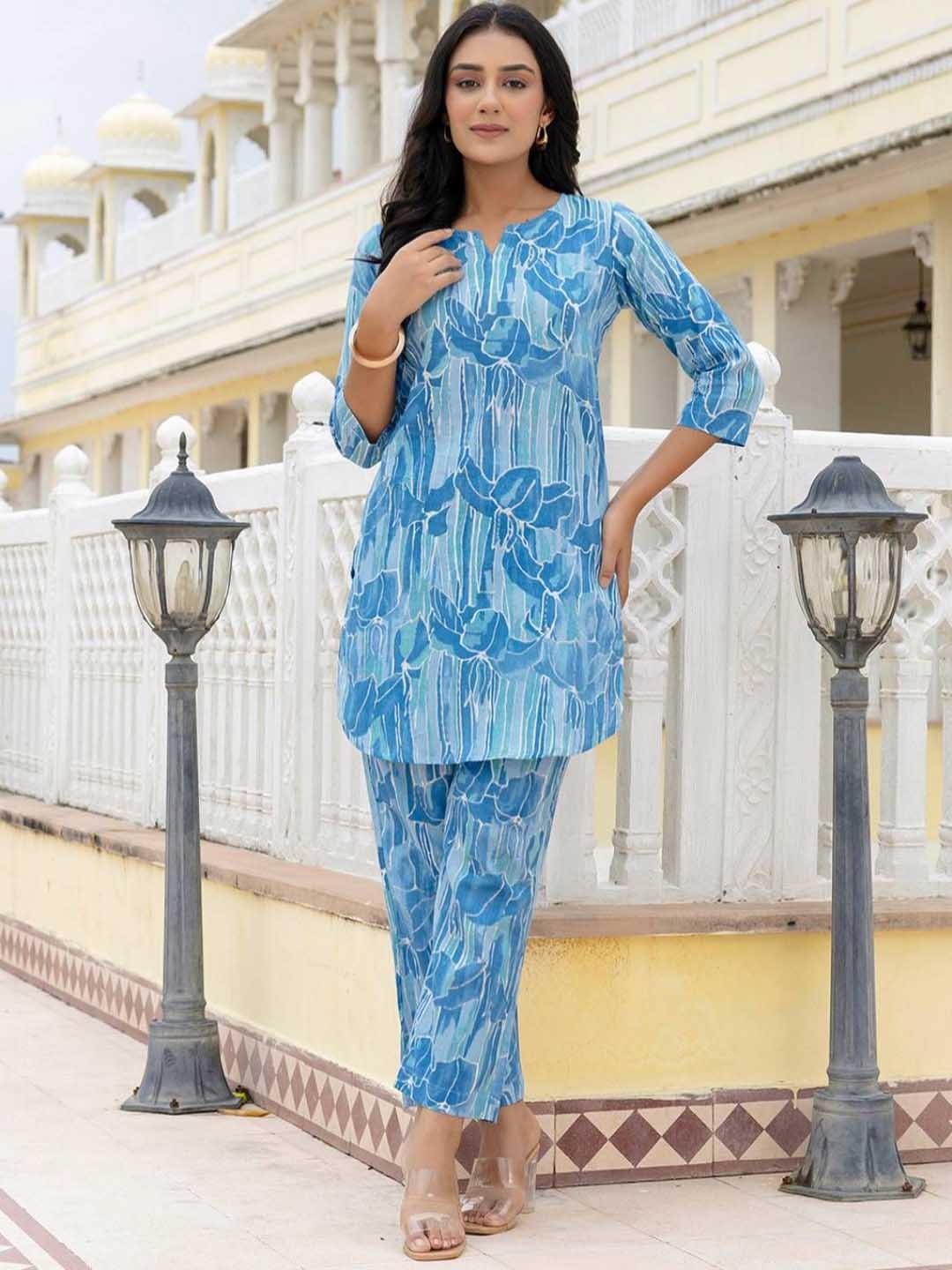 

FERANOID Printed Pure Cotton Tunic With Trousers Co-Ords, Blue