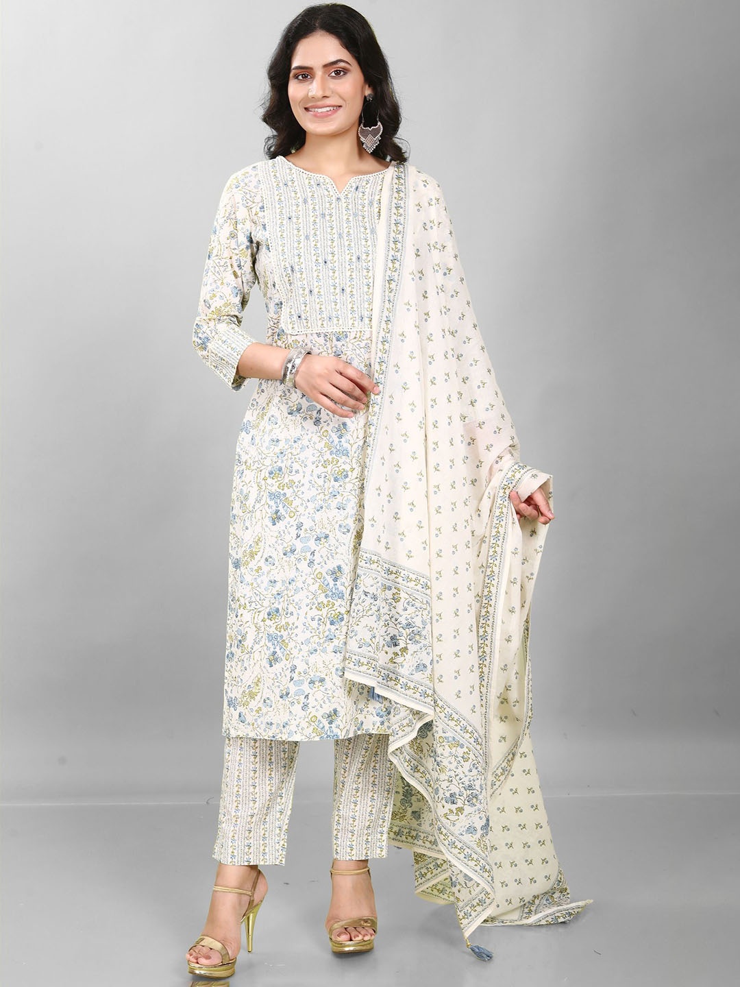 

COTTON CULTURE Floral Printed Thread Work Pure Cotton Straight Kurta & Trouser & Dupatta, Cream