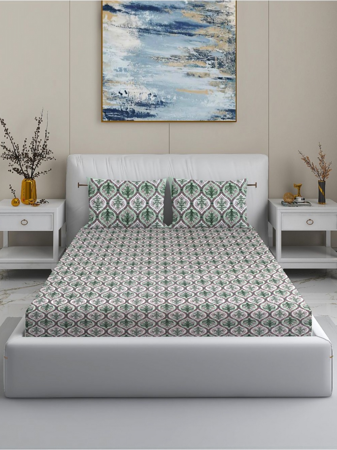 

MODEFE Green & White Floral Cotton 144 TC King Bedsheet Set 2.74 m x 2.28 m