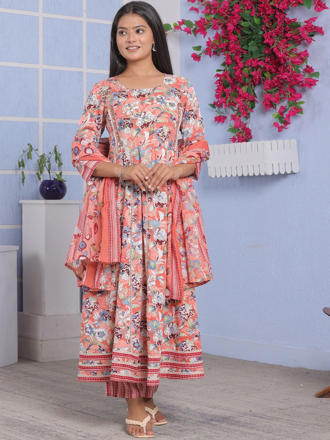 

PARTHVI Floral Printed Mirror Work Anarkali Kurta with Trousers & Dupatta, Peach