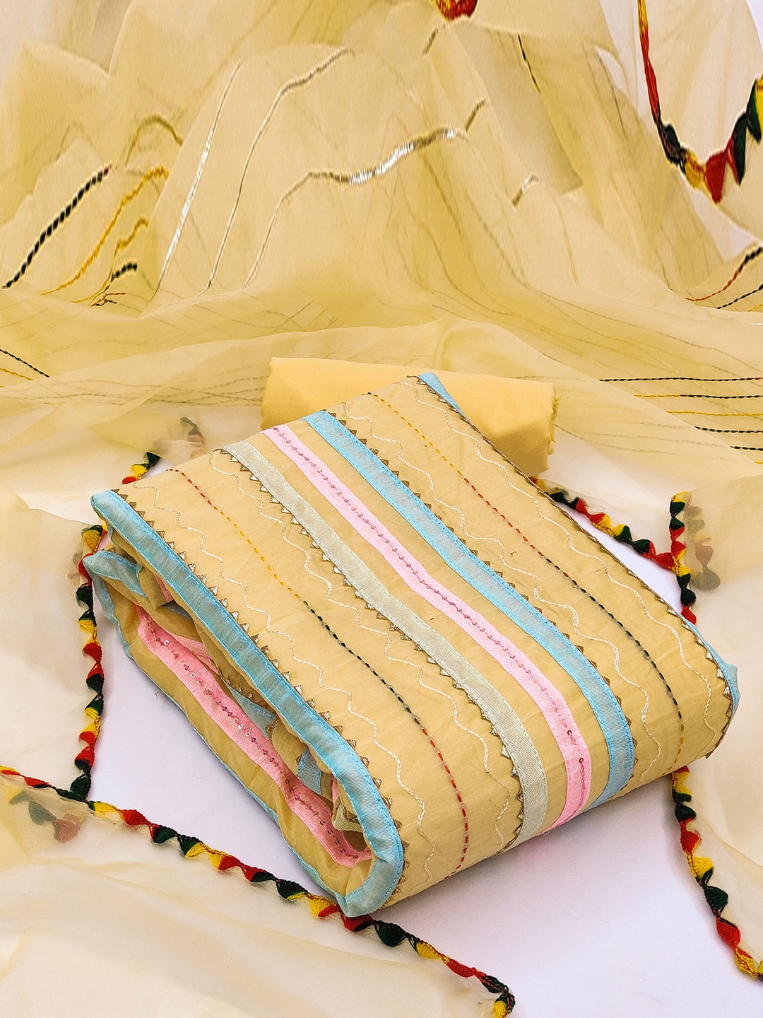 

Maroosh Striped Embroidered Sequinned Unstitched Dress Material, Yellow