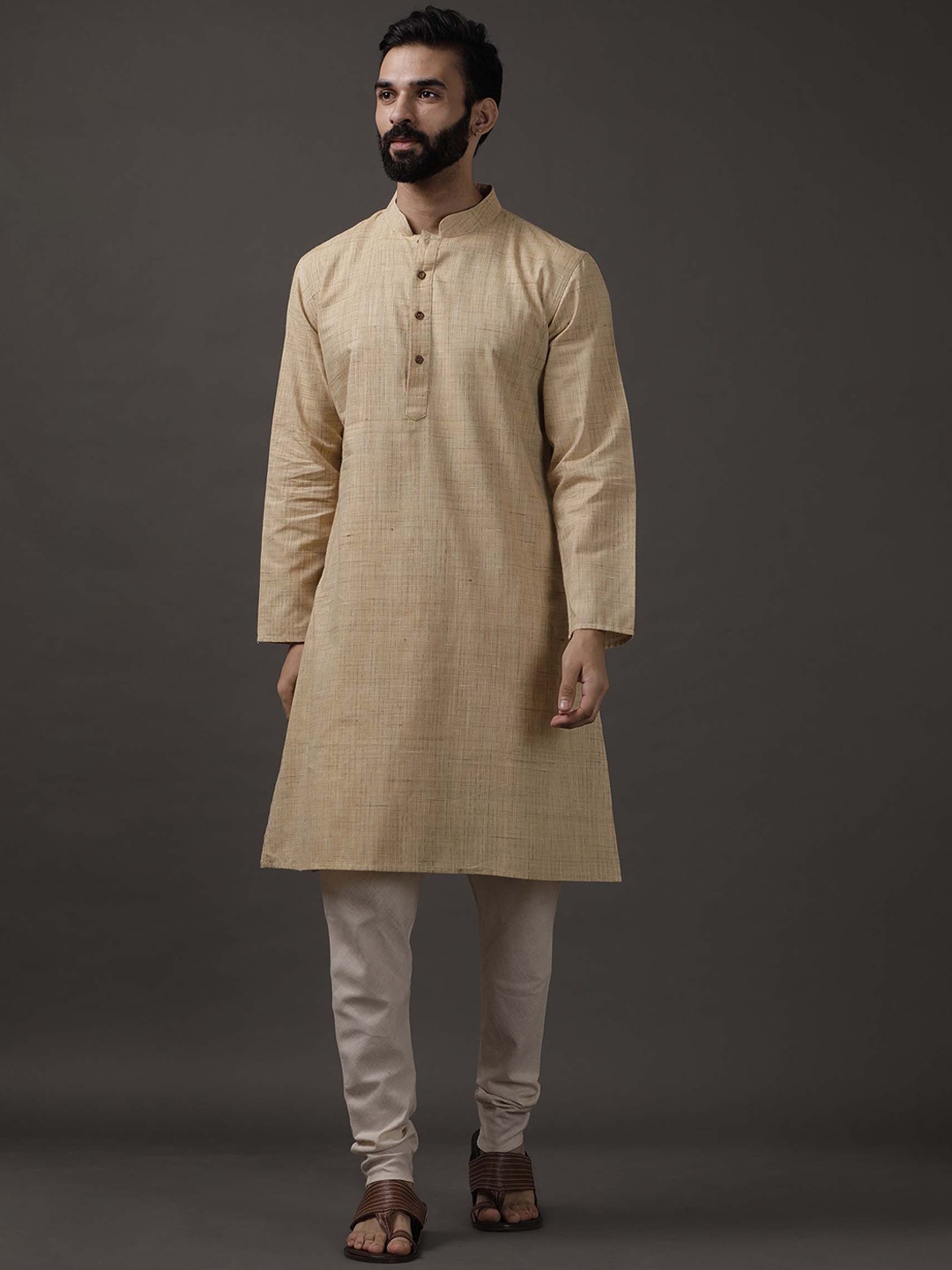 

TJORI Straiped Woven Design Mandarin Collar Cotton Straight Kurta, Yellow