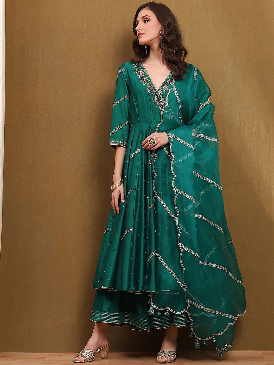 

Biba Ethnic Motifs Embroidered Angrakha A-Line Kurta With Sharara & Dupatta, Green