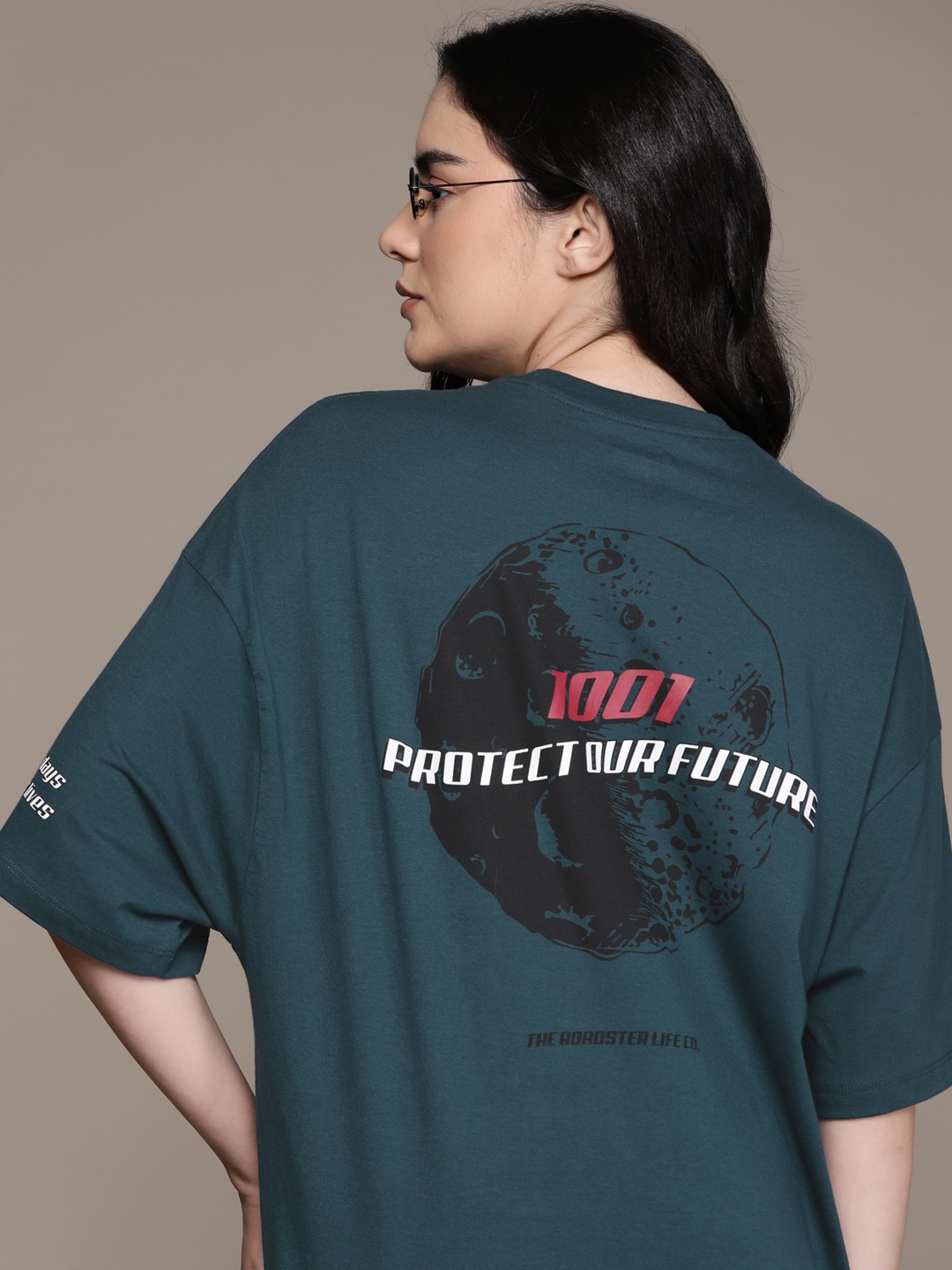 

The Roadster Lifestyle Co. Printed Drop-Shoulder Sleeves Oversized Longline T-shirt, Teal