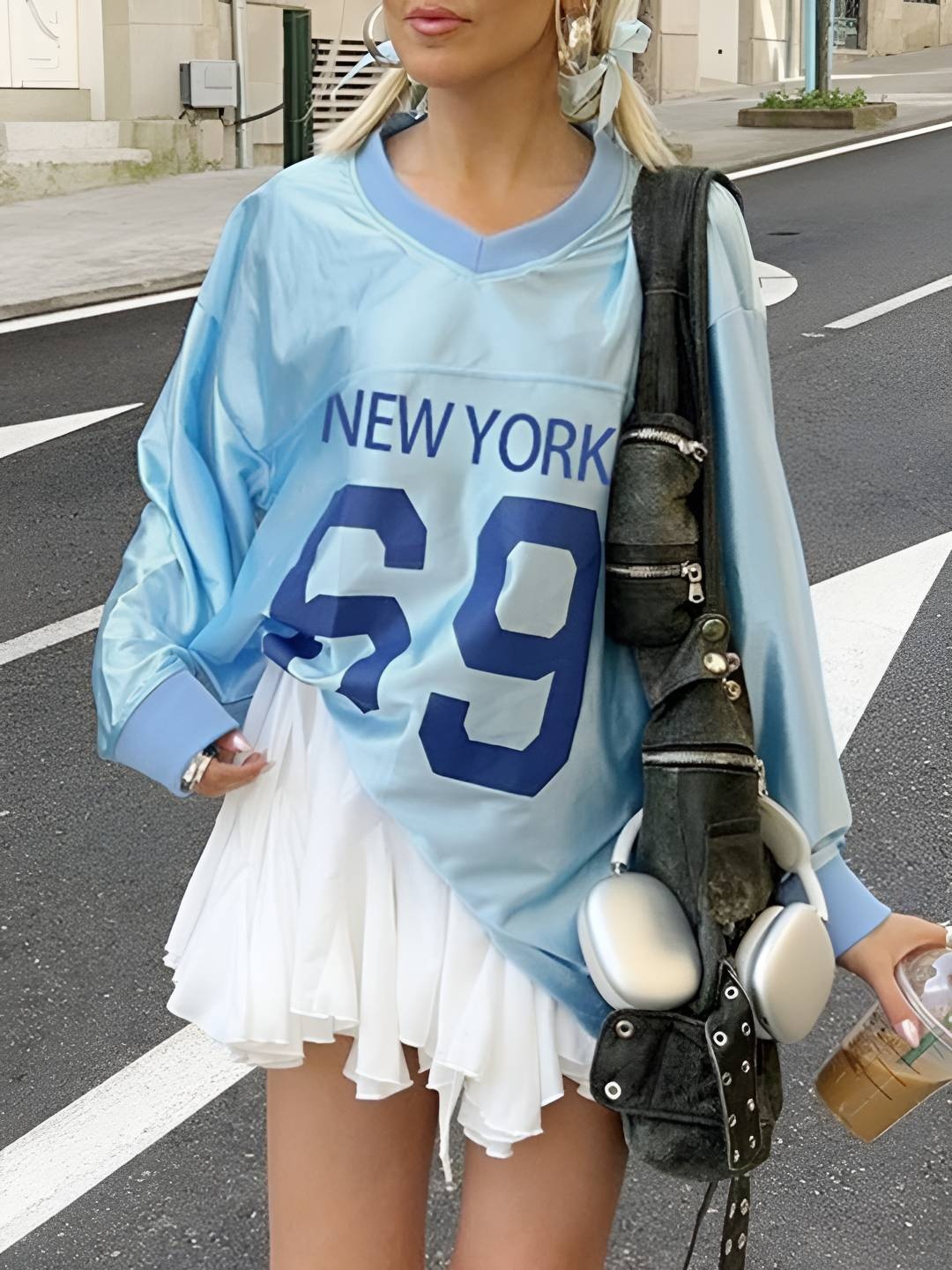 

LULU & SKY Women Varsity Printed V-Neck Oversized T-shirt, Blue