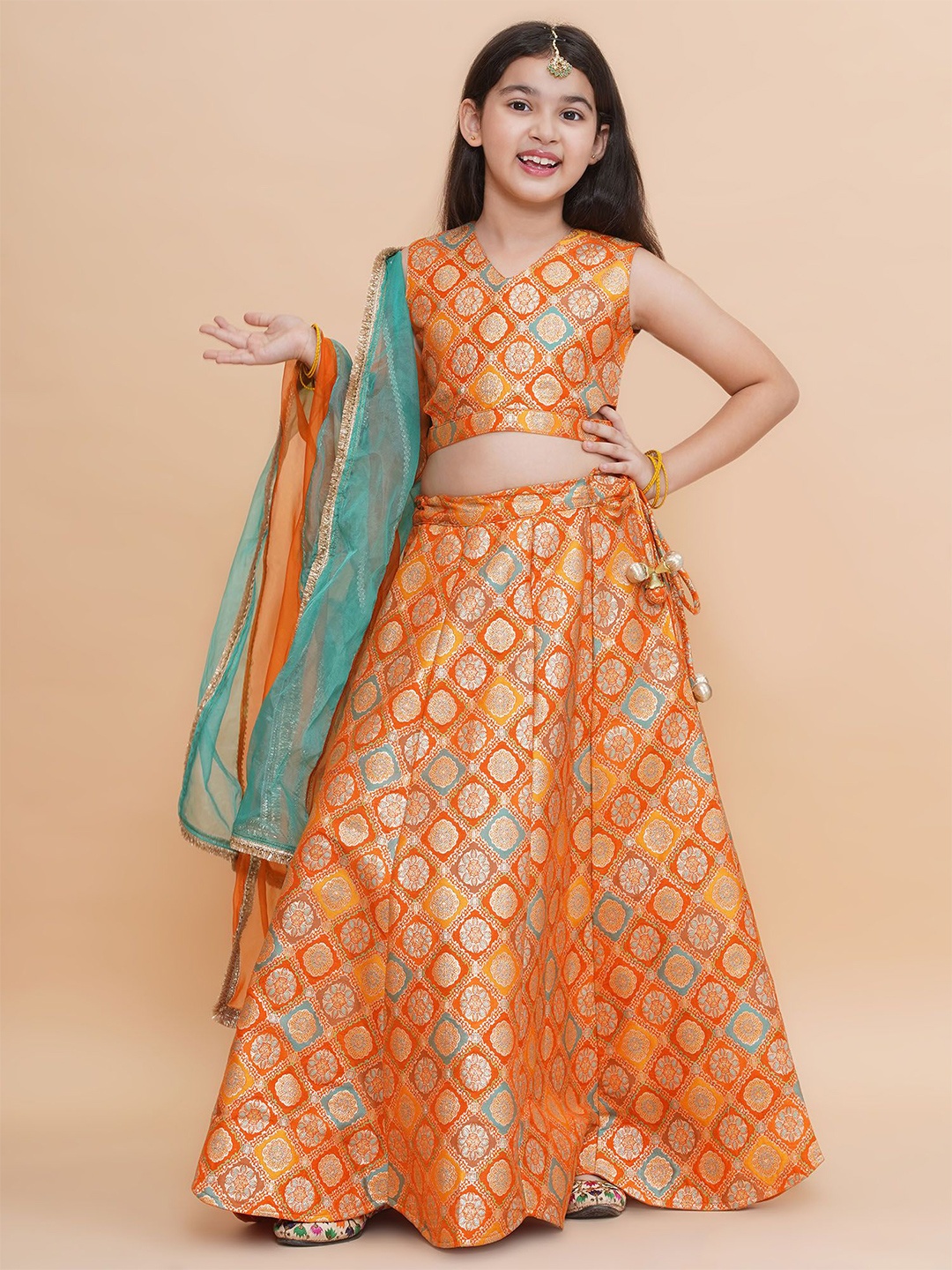 

PICCOLO Girls Ready to Wear Zari Silk Lehenga & Blouse With Dupatta, Orange