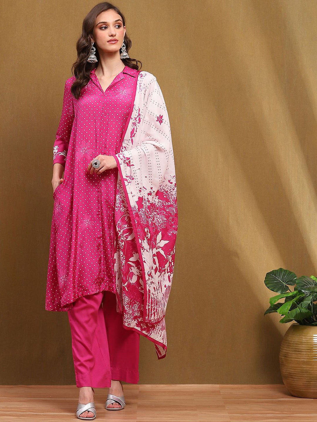 

Biba Ethnic Motifs Printed Thread Work A-Line Kurta With Palazzos & Dupatta, Pink