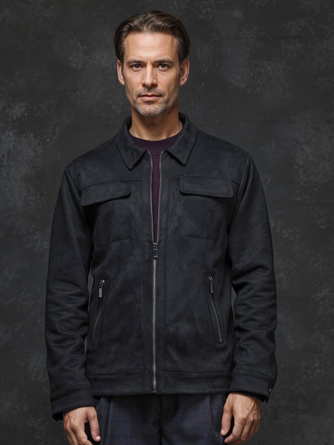

RARE RABBIT Men Spread Collar Solid Casual Tailored Jacket, Black