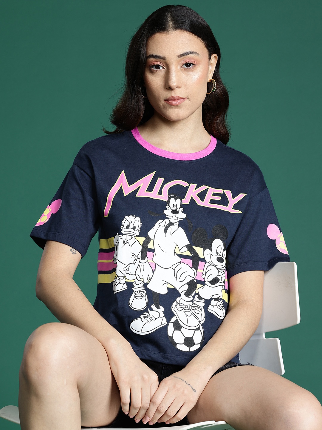

DressBerry Mickey Mouse Printed Drop-Shoulder Sleeves T-shirt, Blue