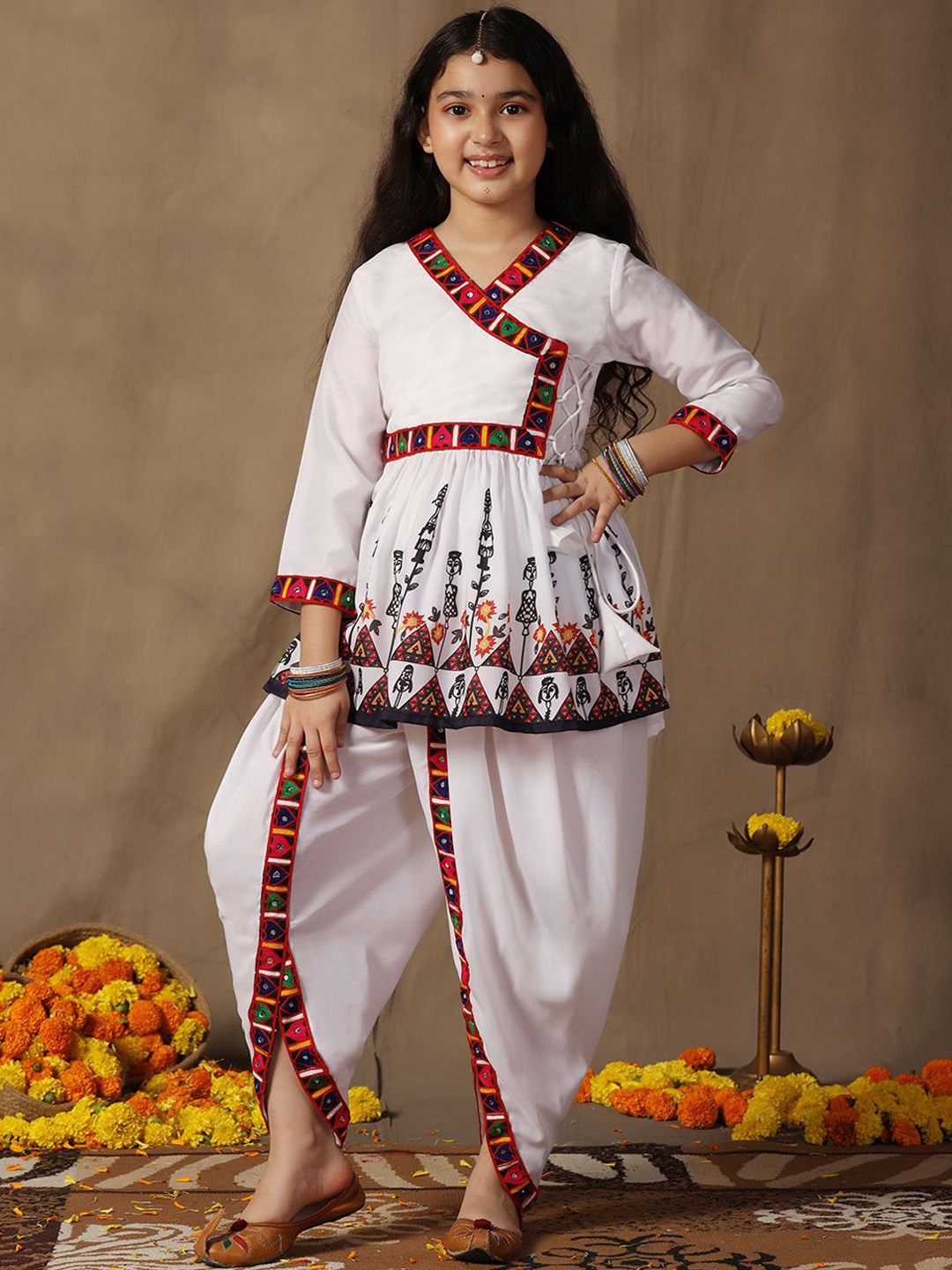 

FASHION DREAM Girls Abstract Printed Angrakha A-Line Kurta With Dhoti, White