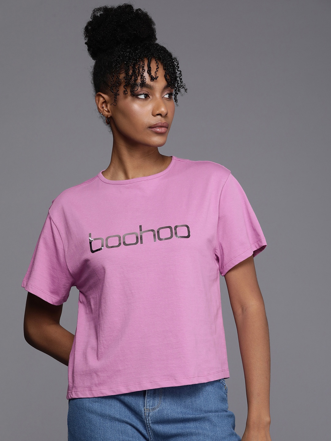 

Boohoo Women Brand Logo Printed Pure Cotton T-shirt, Lavender