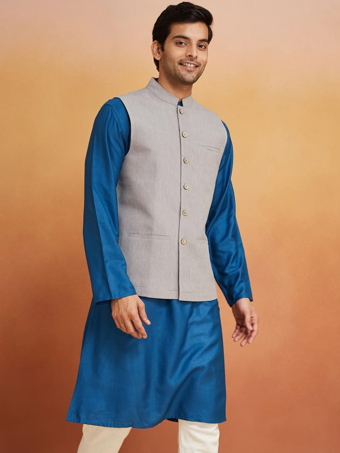

Fabindia Men Pure Cotton Nehru Jackets, Grey