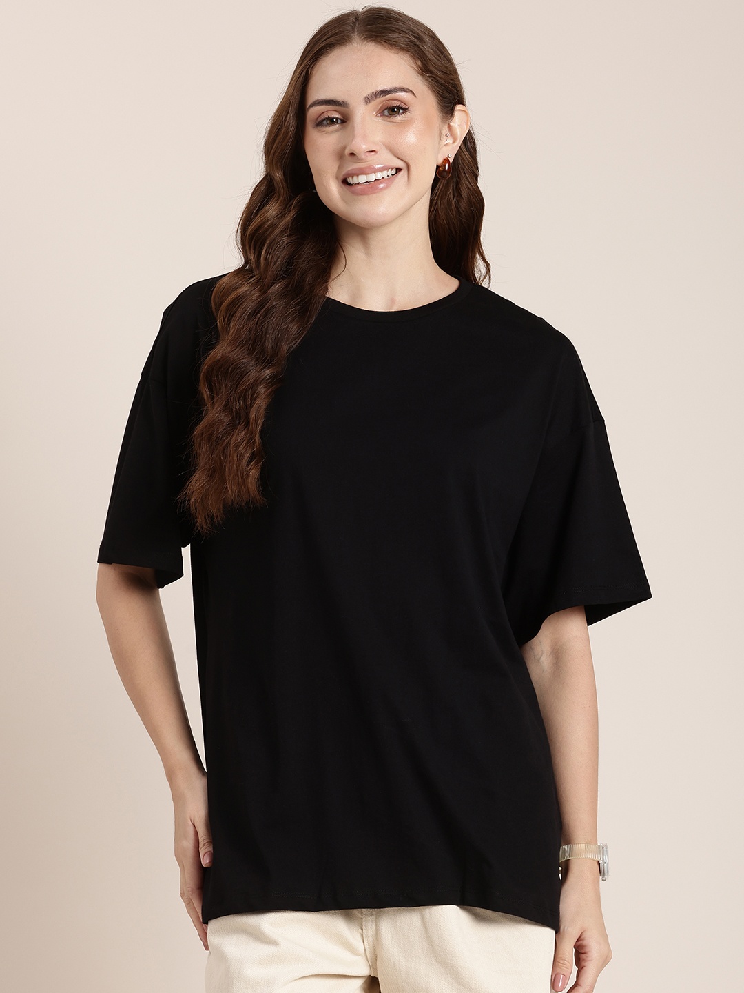 

HERE&NOW Printed Drop-Shoulder Sleeves Pure Cotton Relaxed Fit T-shirt, Black