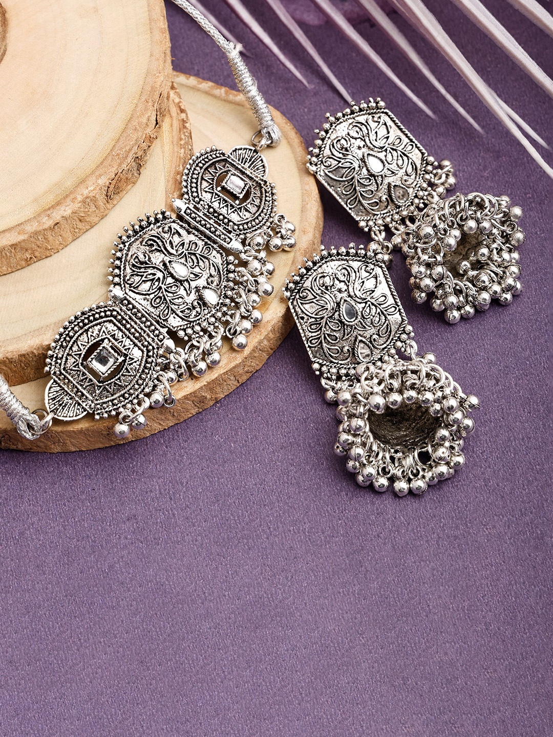 

SUNHARI Oxidised Leaf Jewellery Set, Silver