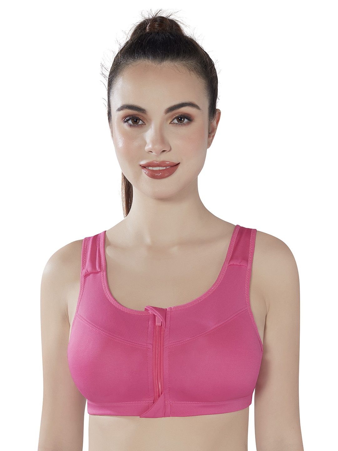 

PLUMBURY Full Coverage Lightly Padded Front Zip Adjustable Strap Workout Sports Bra, Pink