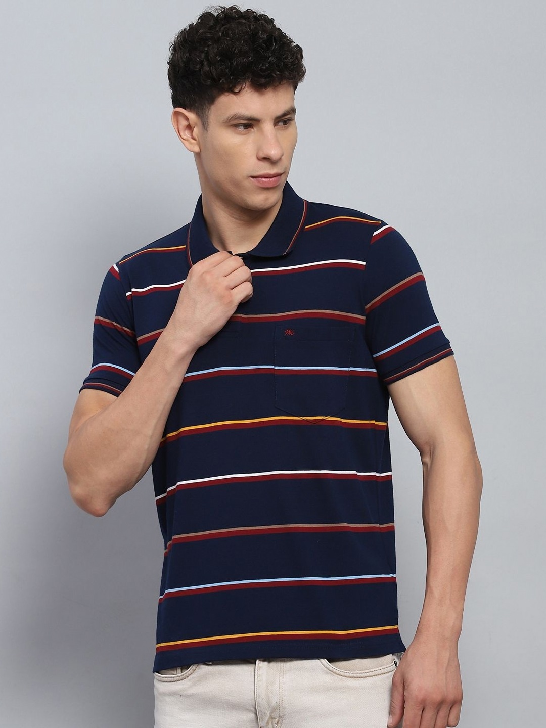 

Monte Carlo Men Striped Polo Collar Cotton T-shirt, Navy blue