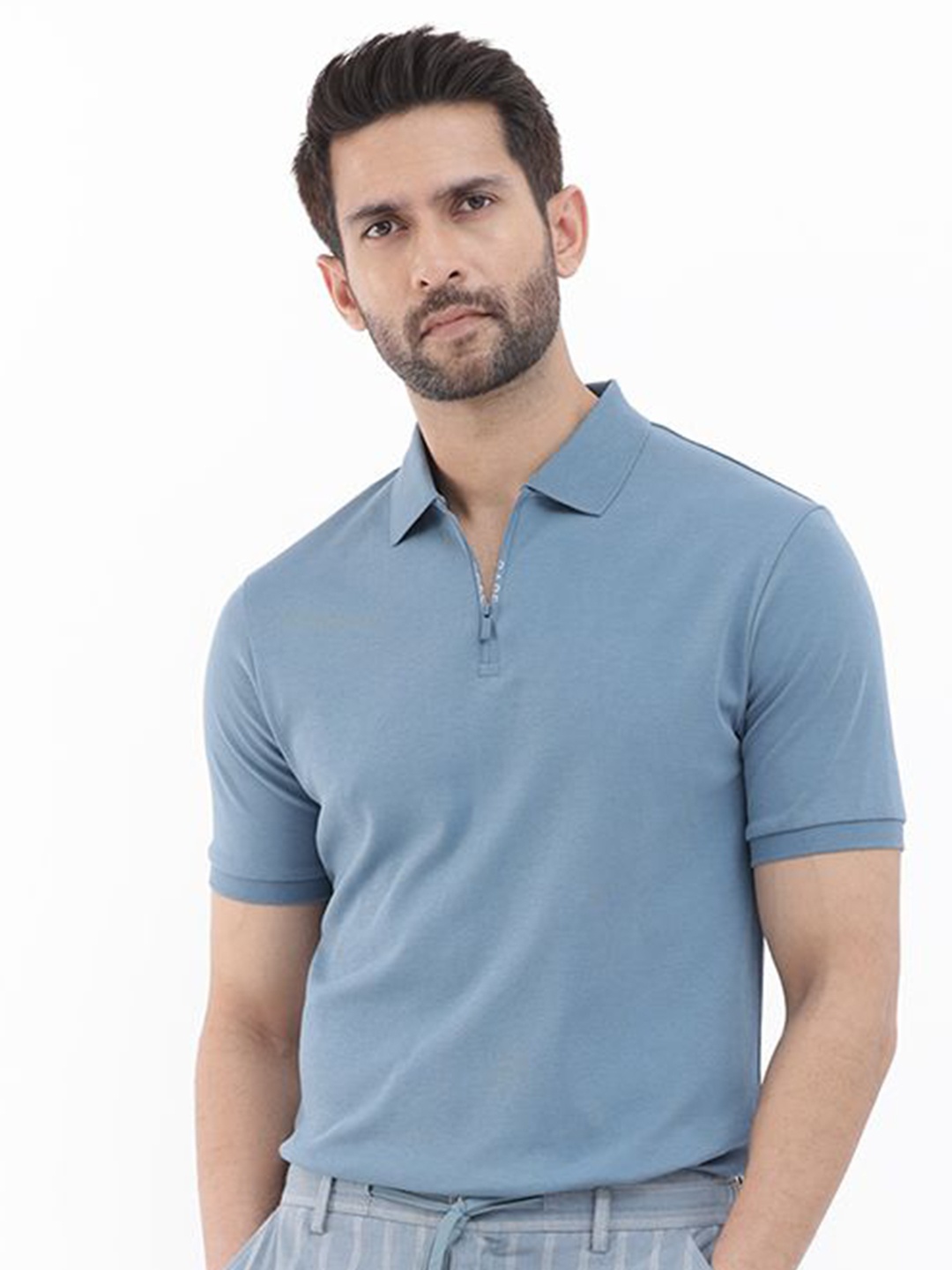 

RARE RABBIT Men Solid Polo Collar Cotton T-shirt, Blue