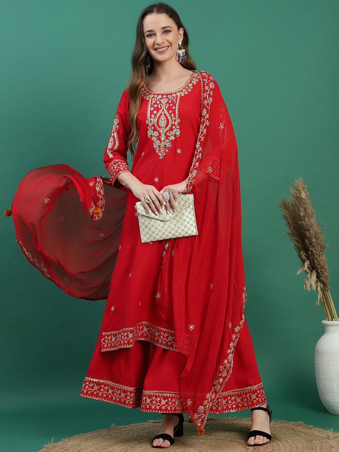 

Ramas Ethnic Motifs Embroidered Sequinned Kurta with Sharara & Dupatta, Red