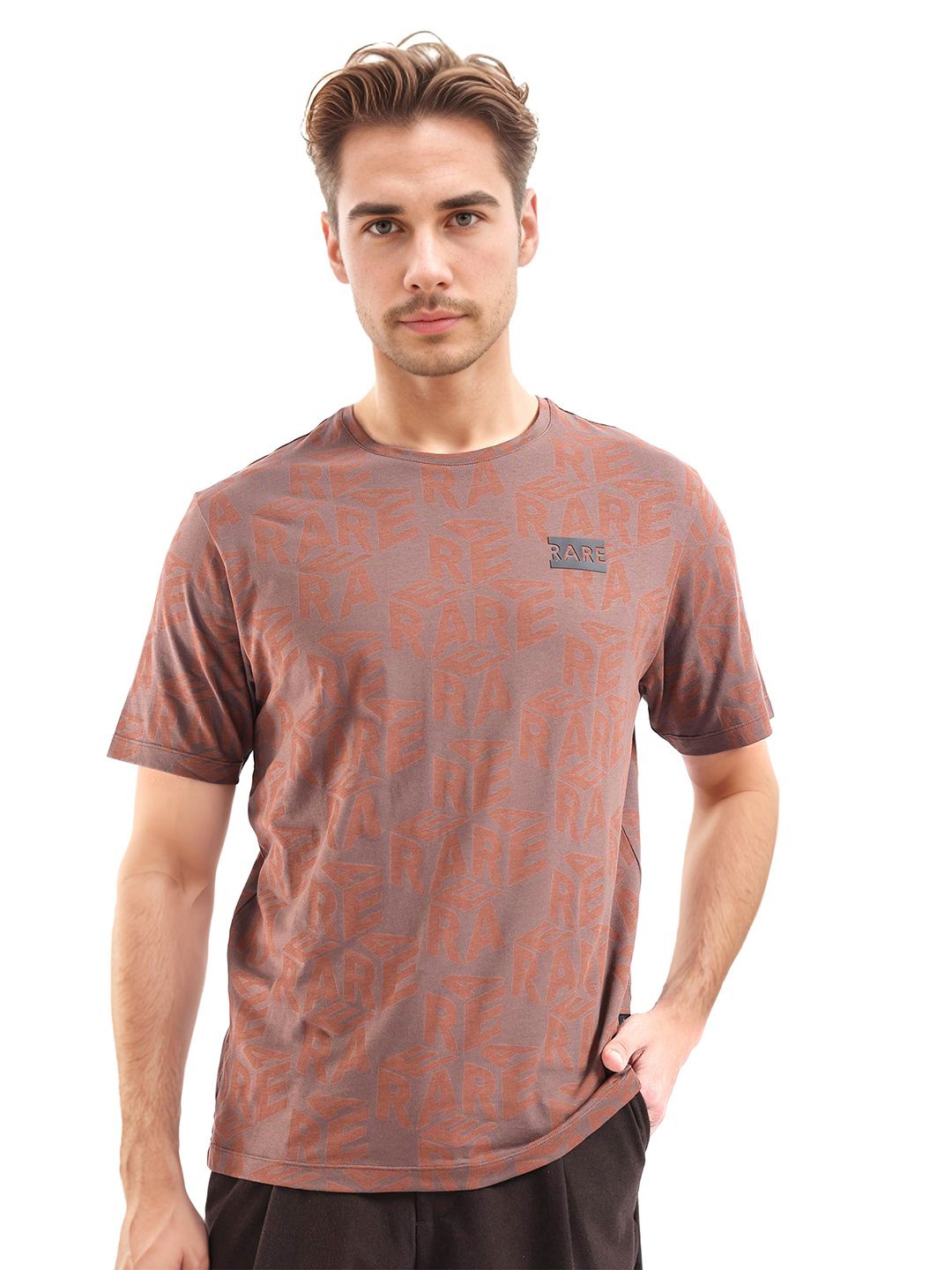 

RARE RABBIT Men Typography Printed Round Neck Cotton T-shirt, Brown