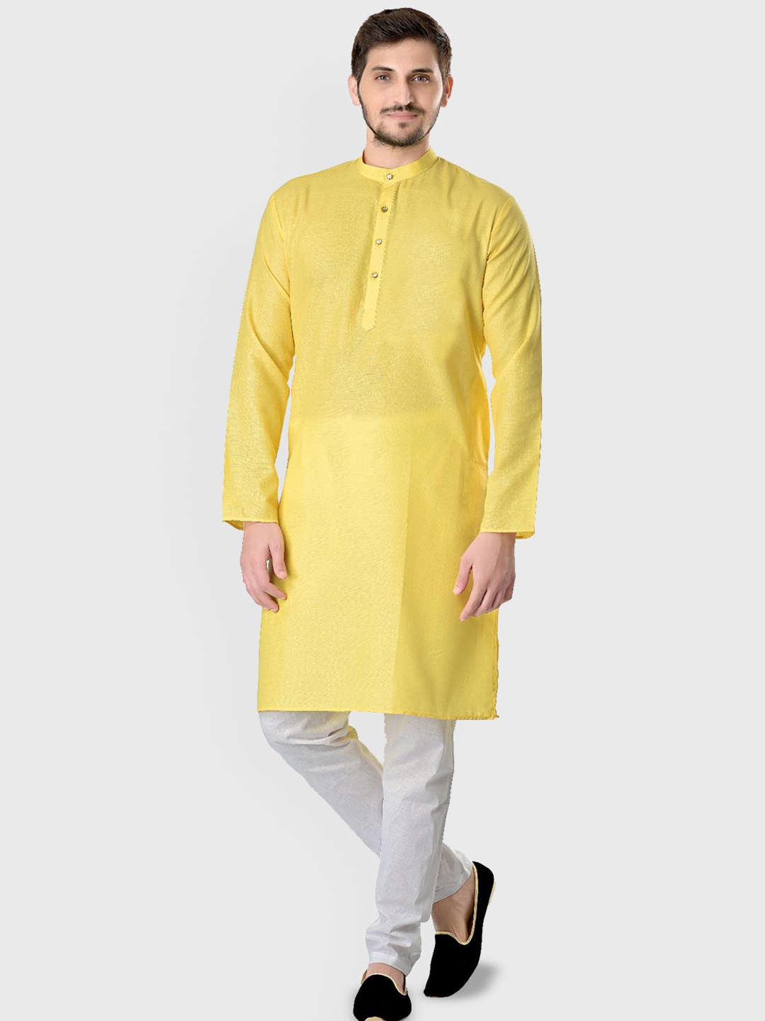 

ENCINO Band Collar Cotton Kurta, Yellow