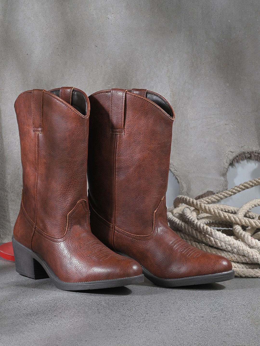 

CARLO ROMANO Women MARINA-22 Leather Block-Heeled Long Cowboy Boots, Brown