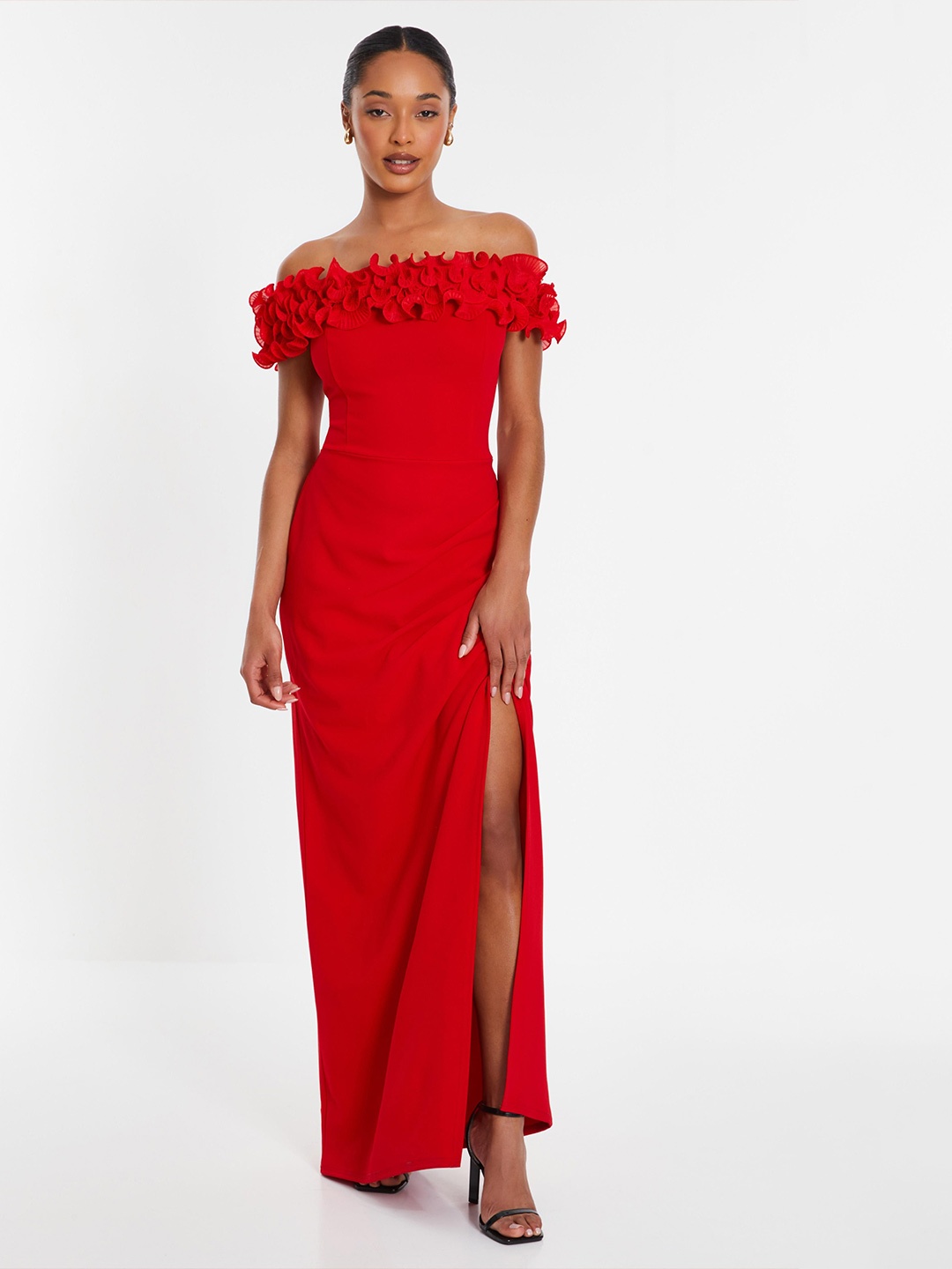 

QUIZ Women Off-Shoulder Ruffled Scuba Maxi Dress, Red