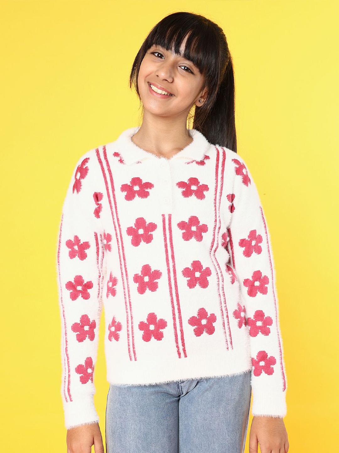 

Nauti Nati Girls Floral Self Design Ribbed Pullover Sweater, White