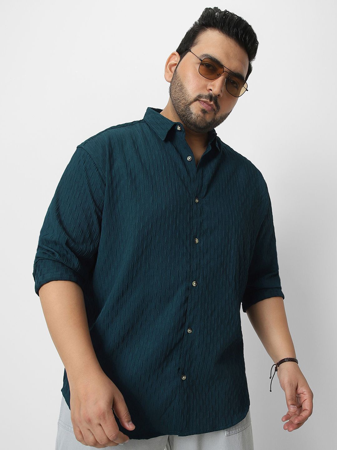 

Urbano Plus Men Spread Collar Textured Cotton Casual Shirt, Teal