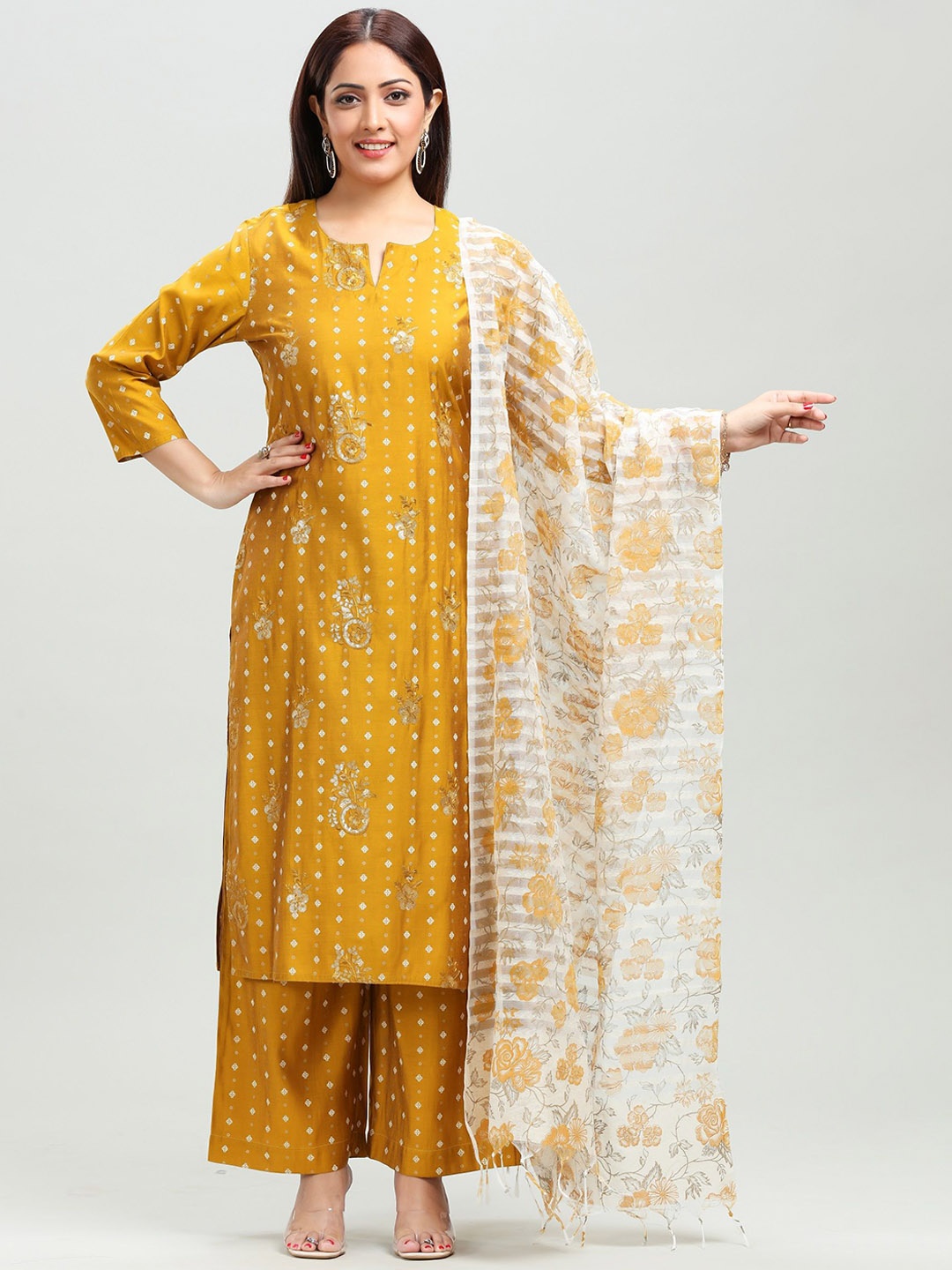 

COTTON CULTURE Floral Embroidered Straight Kurta With Palazzo & Dupatta, Mustard