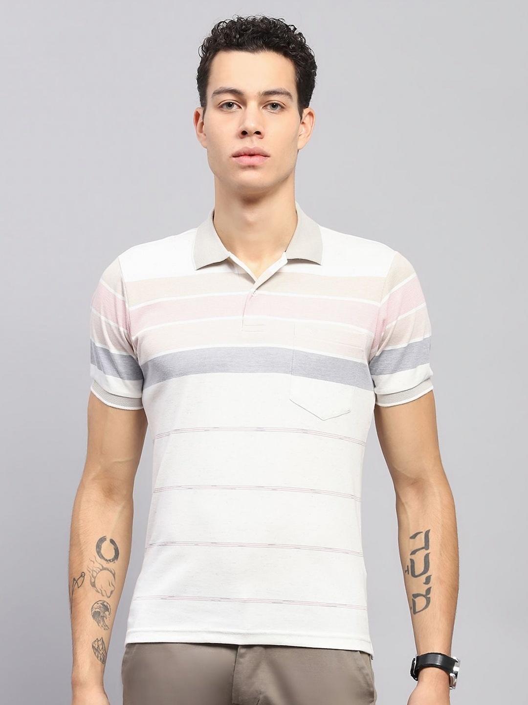 

Monte Carlo Men Striped Polo Collar Cotton T-shirt, Peach