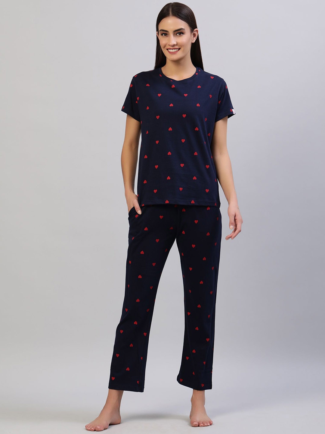 

evolove Women Cotton Printed Night suit, Navy blue
