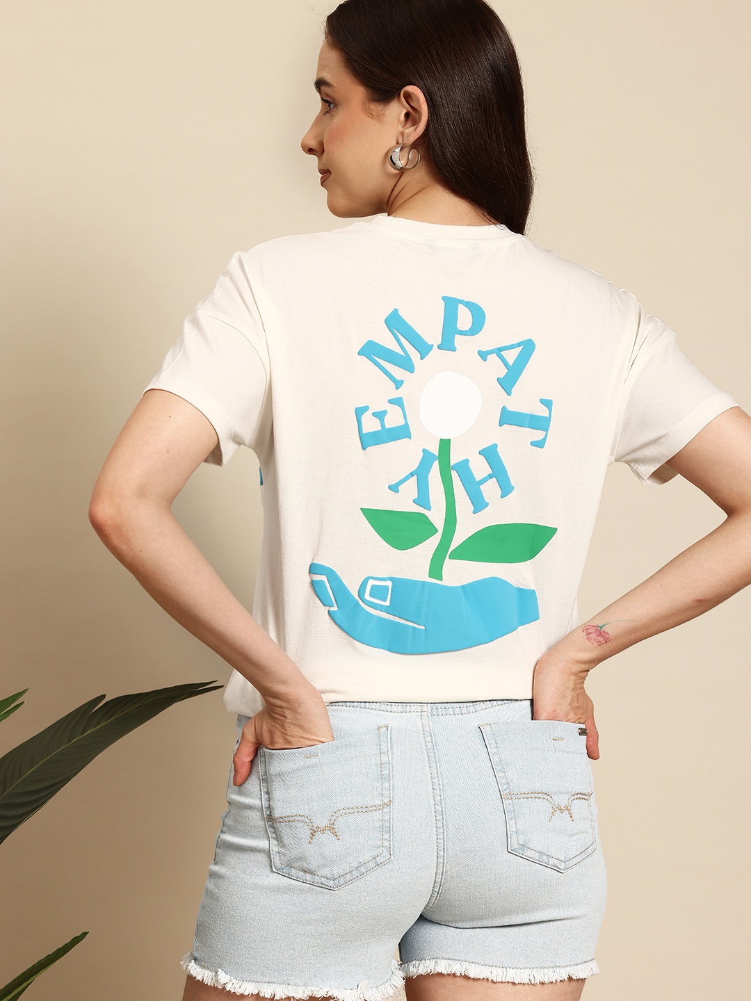 

Mast & Harbour Printed Drop-Shoulder Sleeves Pure Cotton T-shirt, Off white