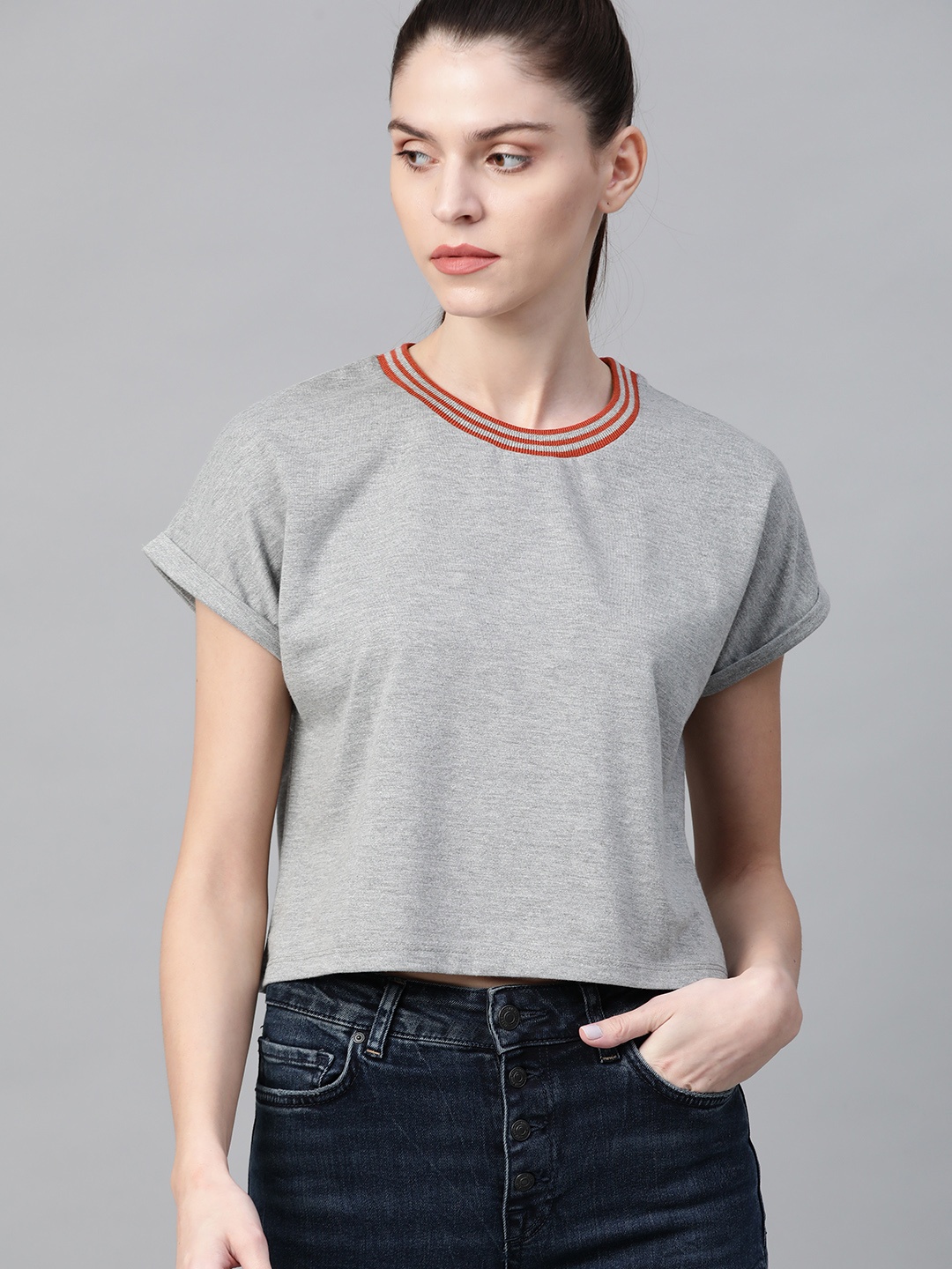 

Roadster Women Grey Melange Solid Round Neck Crop Pure Cotton T-shirt