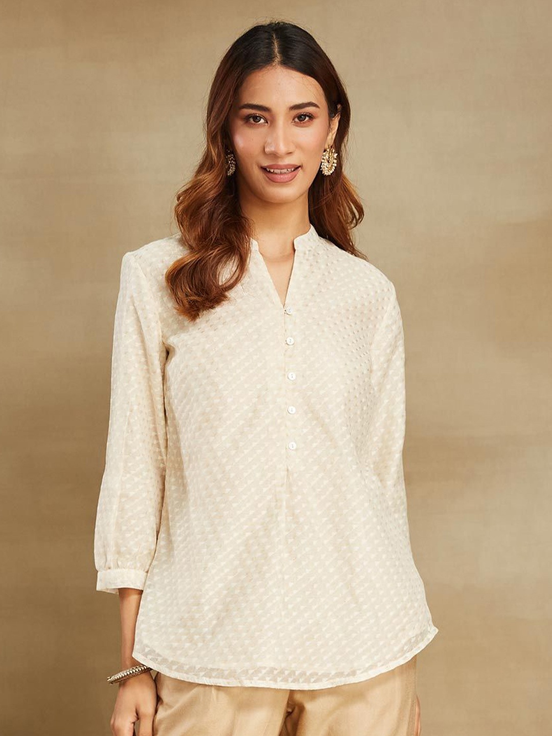 

Fabindia Women Mandarin Collar Self Design Three-Quarter Sleeves Tunic, White