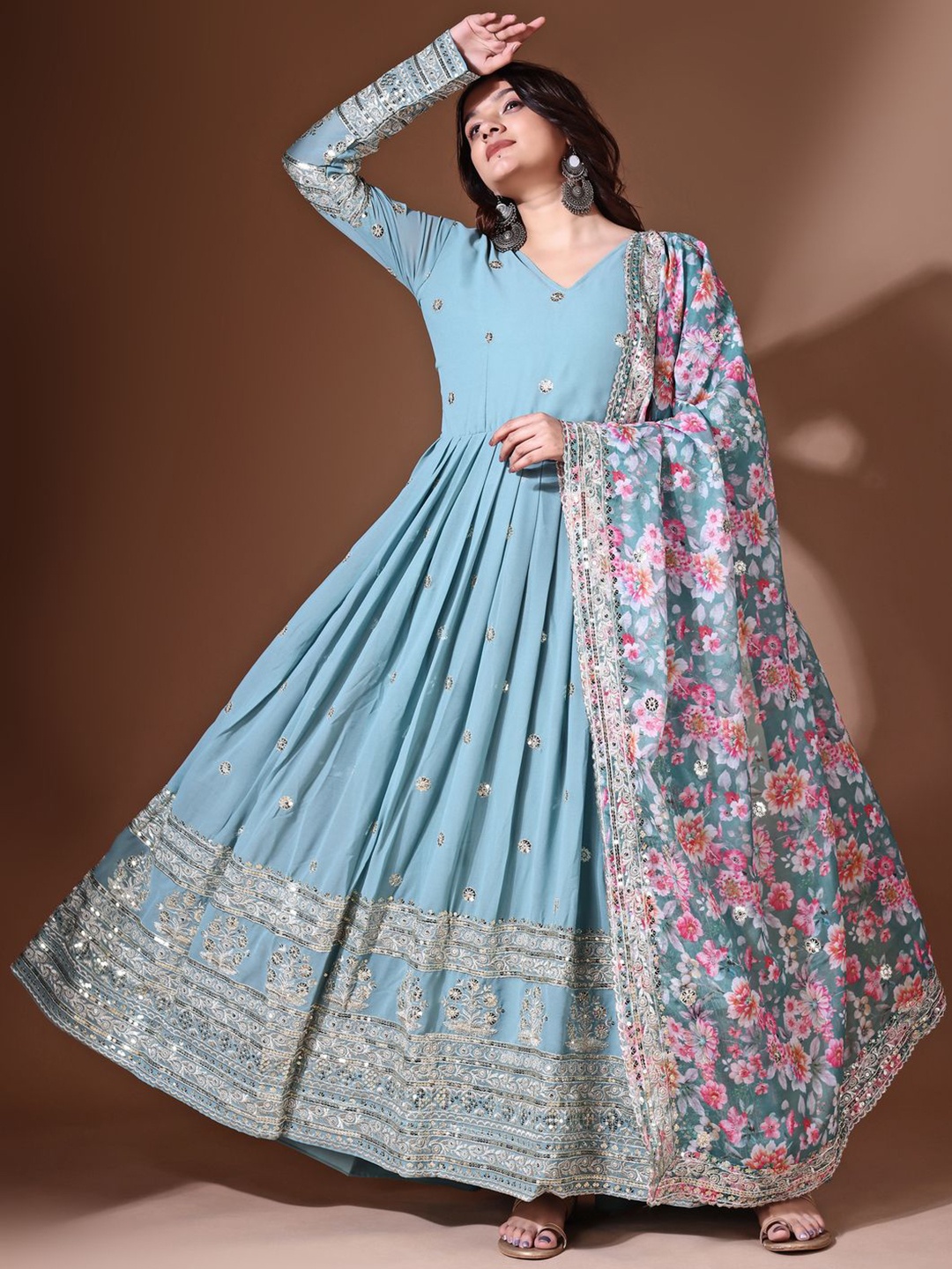 

YOYO Fashion Floral Embroidered V-Neck Georgette Ethnic Dress With Dupatta, Blue