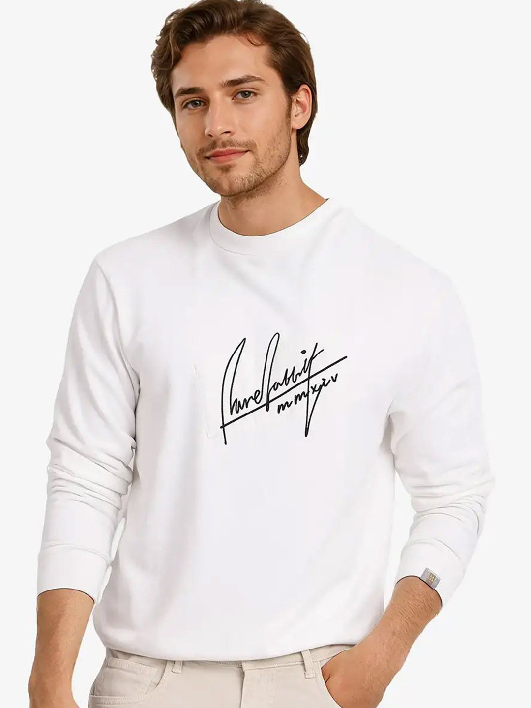 

RARE RABBIT Men Printed Cotton Round Neck Sweatshirt, Off white