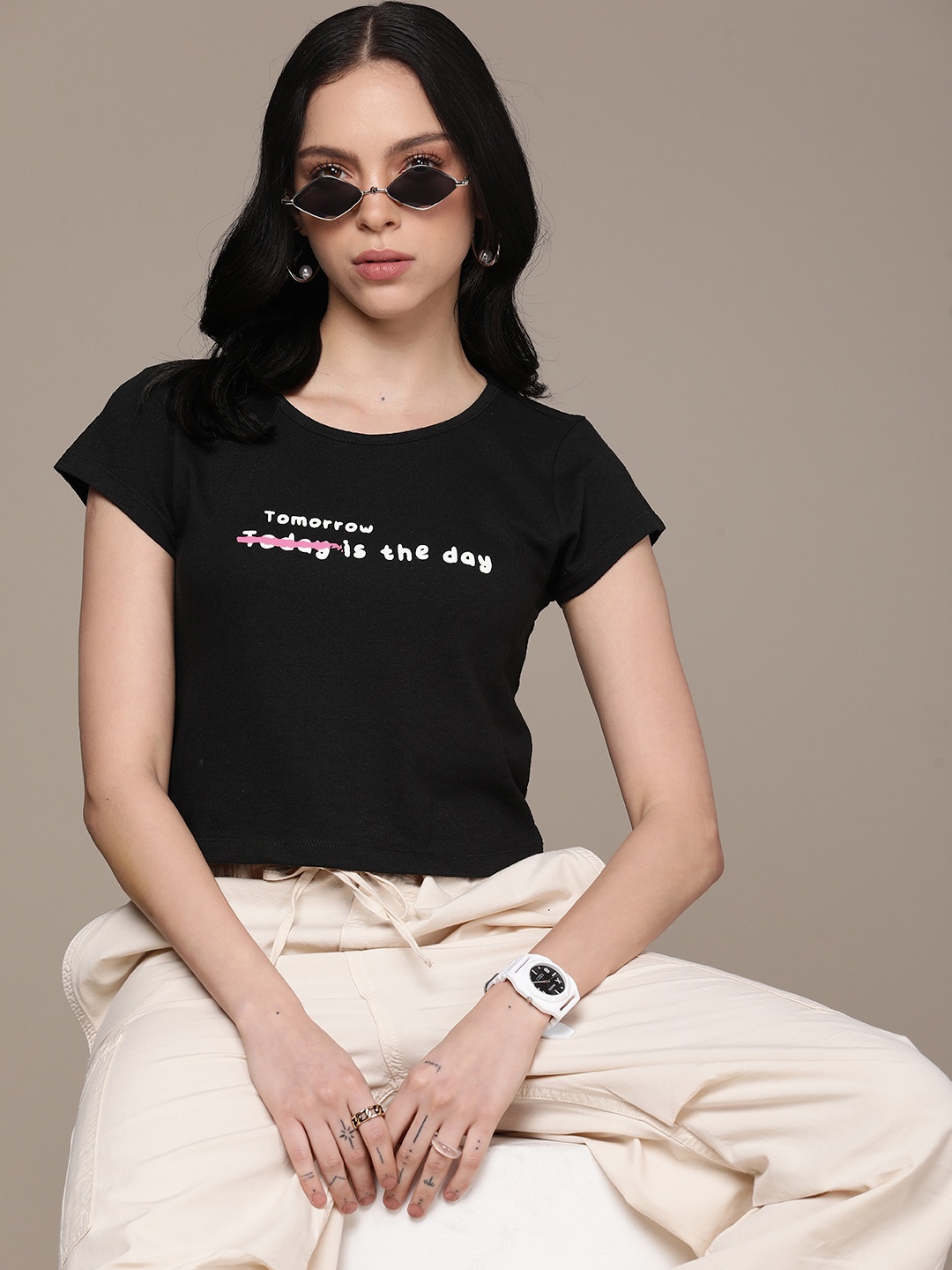 

The Roadster Lifestyle Co. Women Typography Printed T-shirt, Black