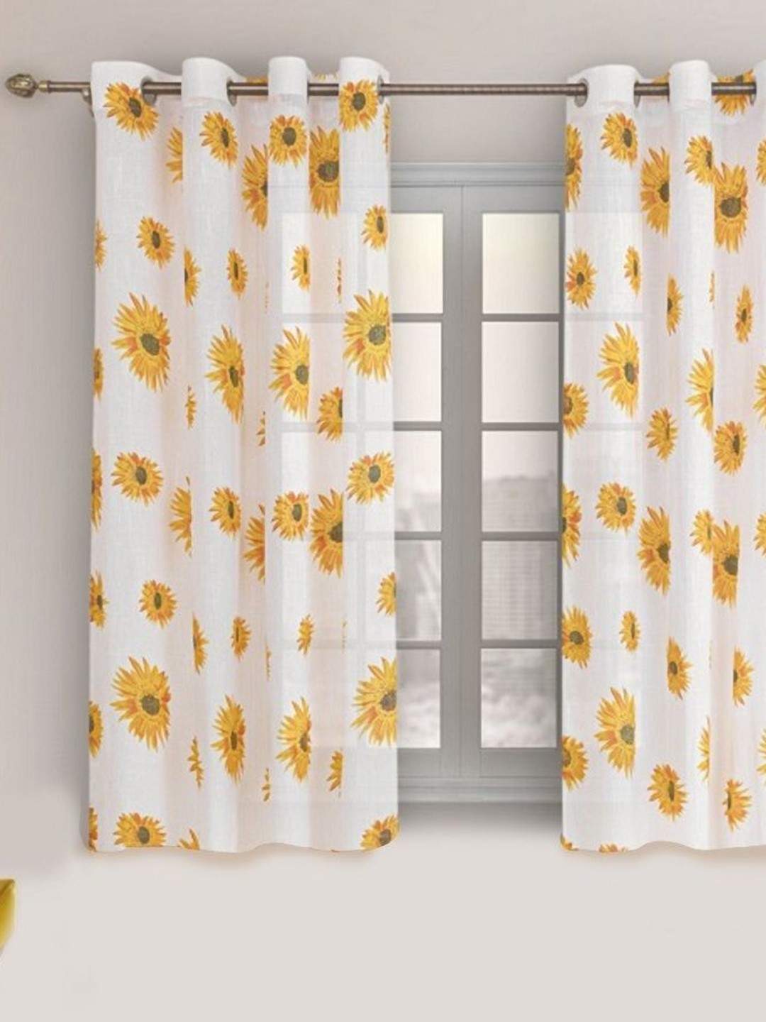 

HOMEMONDE Yellow & White Set of 2 Floral Sheer Window Curtain