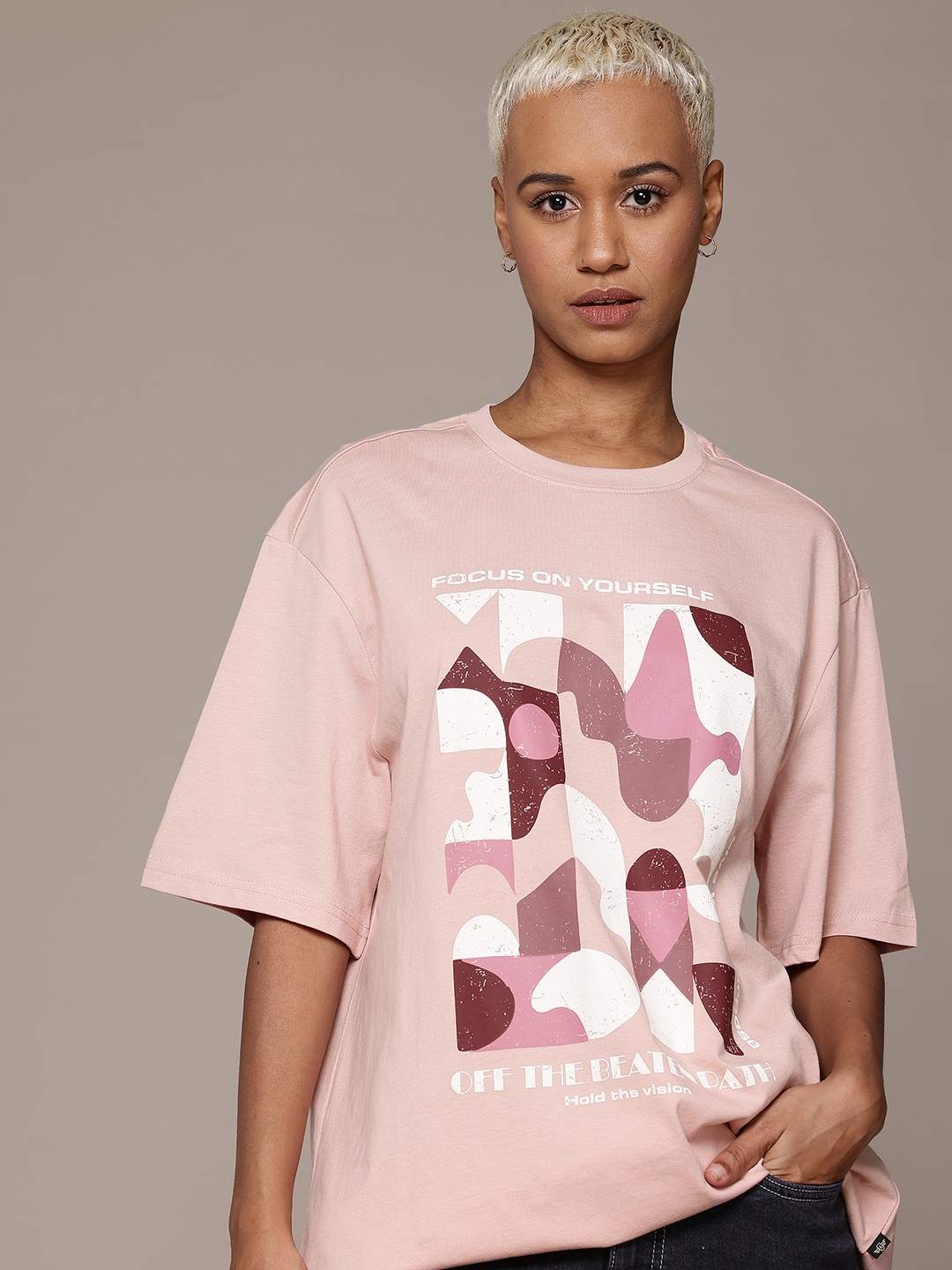 

The Roadster Lifestyle Co. Printed Oversized Pure Cotton T-shirt, Pink