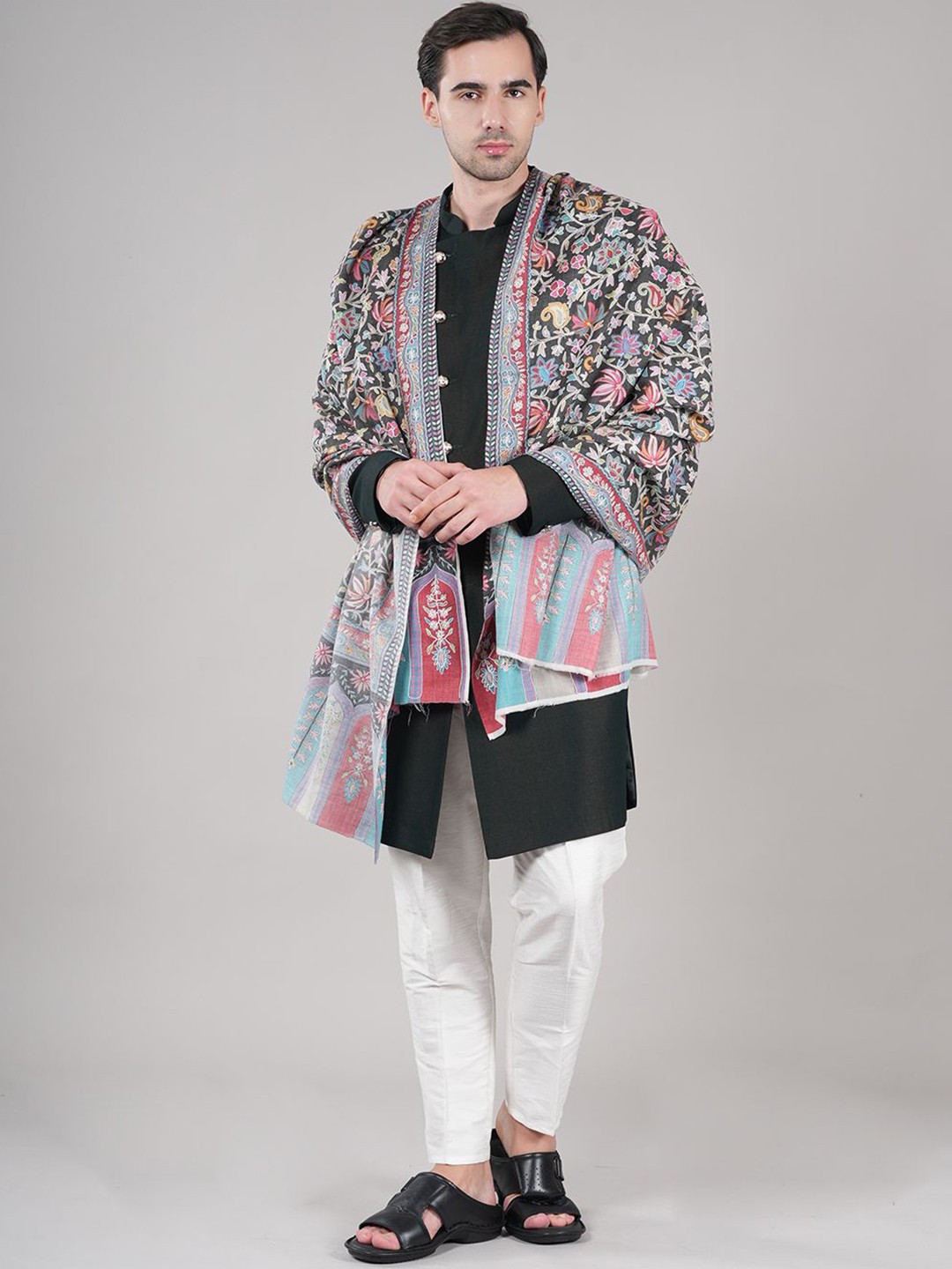 

MUFFLY Men Floral Embroidered Pashmina Wool Shawl, Black