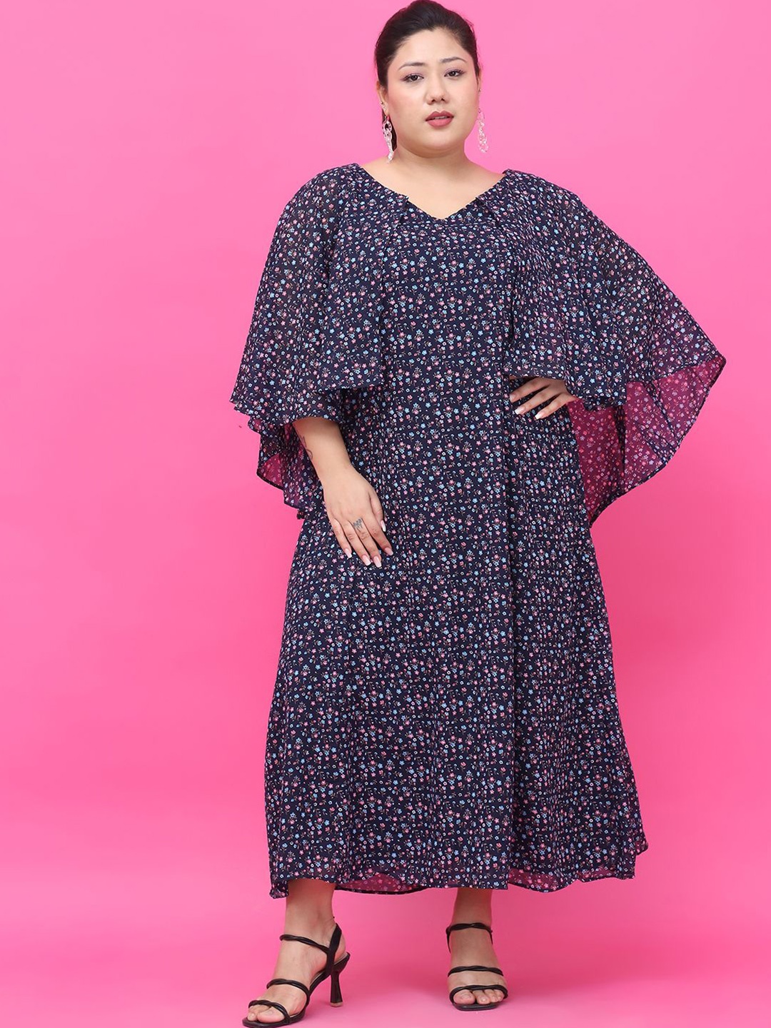

theRebelinme Women Plus Size Floral Print Georgette A-Line Maxi Dress, Navy blue