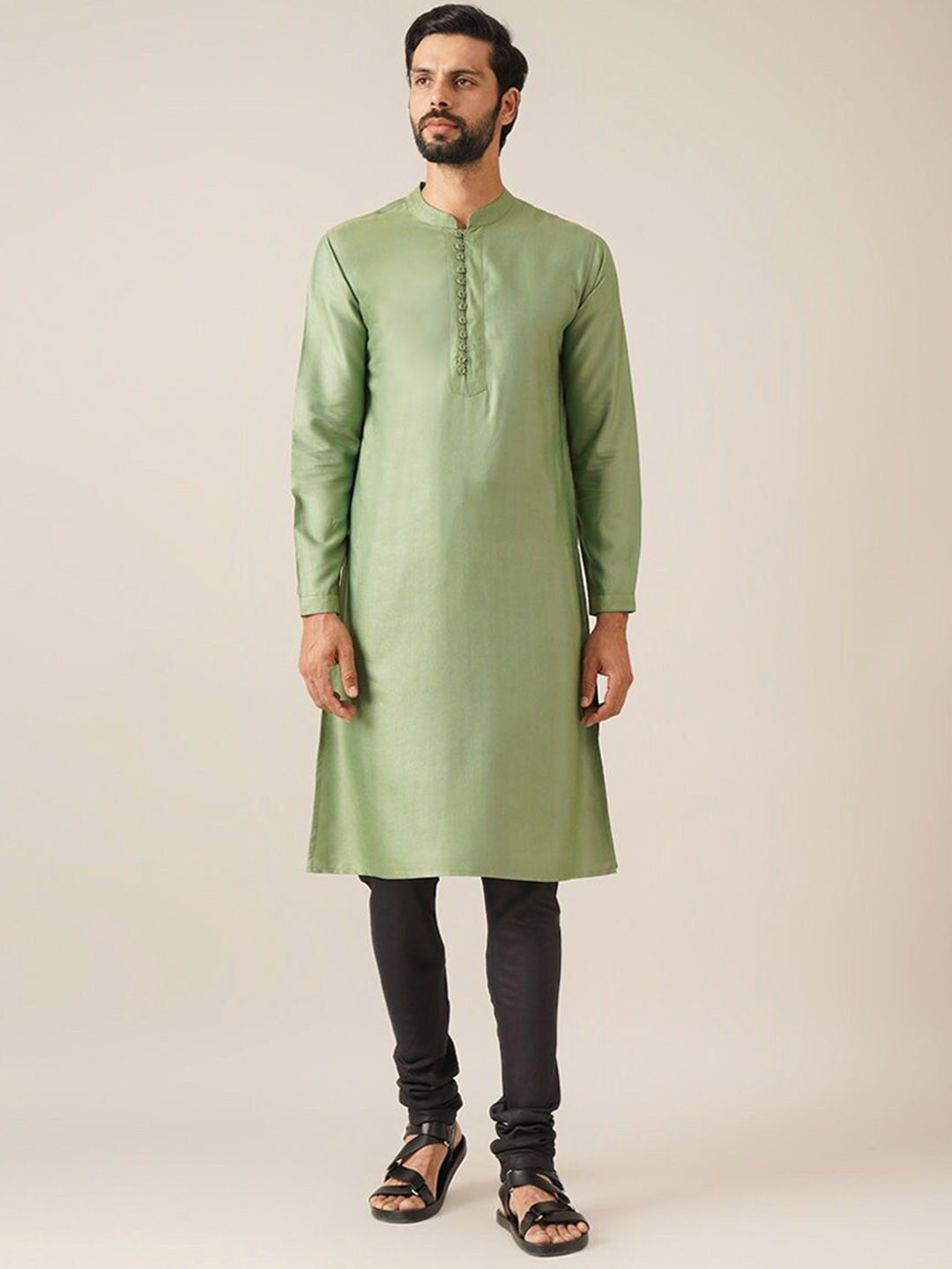 

JAYPORE Mandarin Collar Cotton Straight Kurta, Green