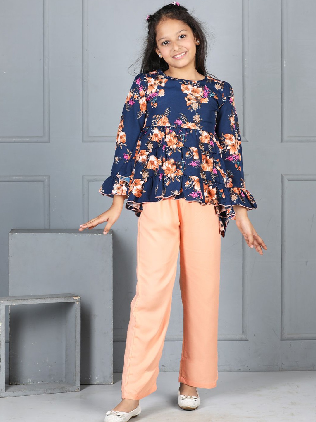 

Cutiekins Girls Floral Printed Round Neck Top With Trouser, Navy blue